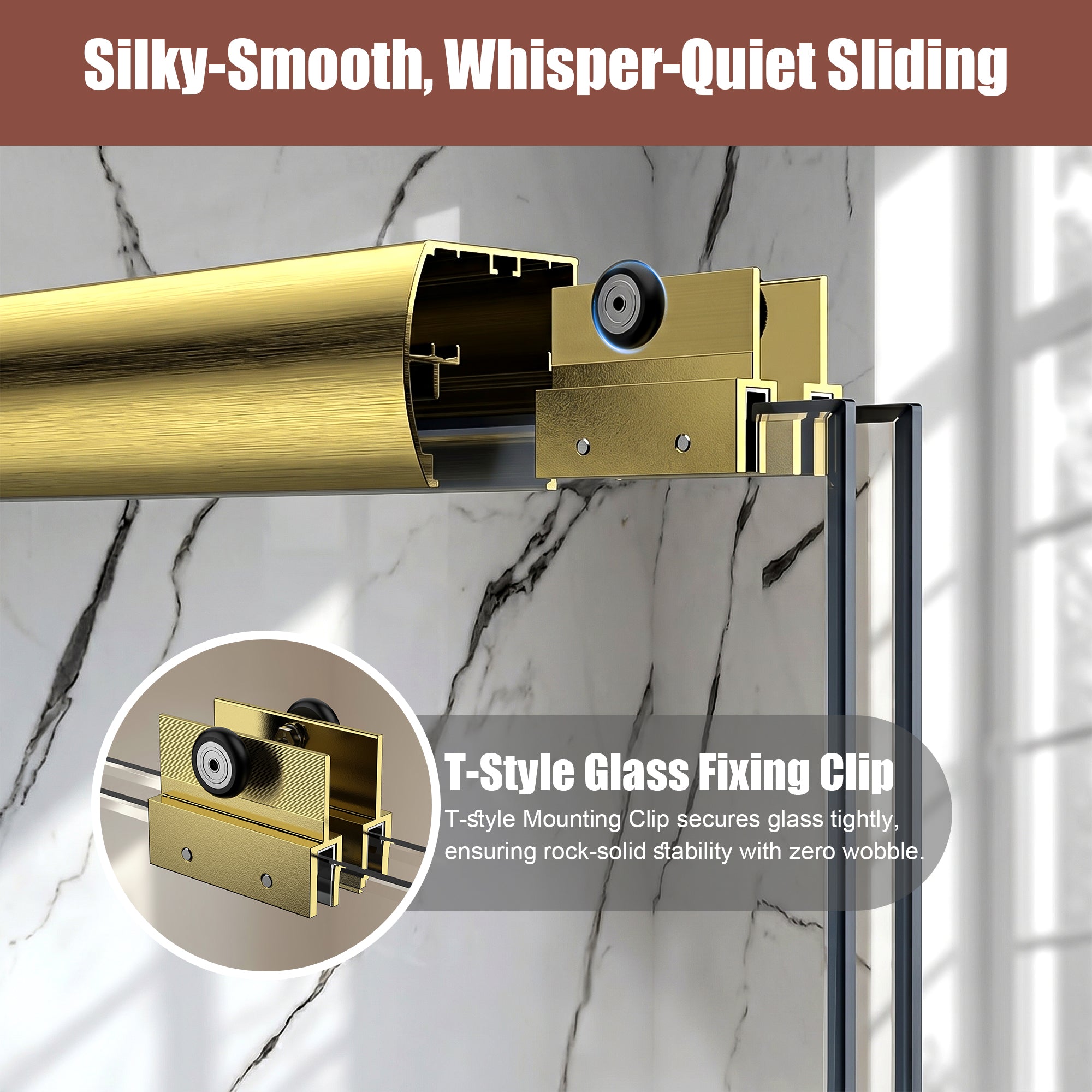 Brushed gold sliding shower door aluminum frame track detail