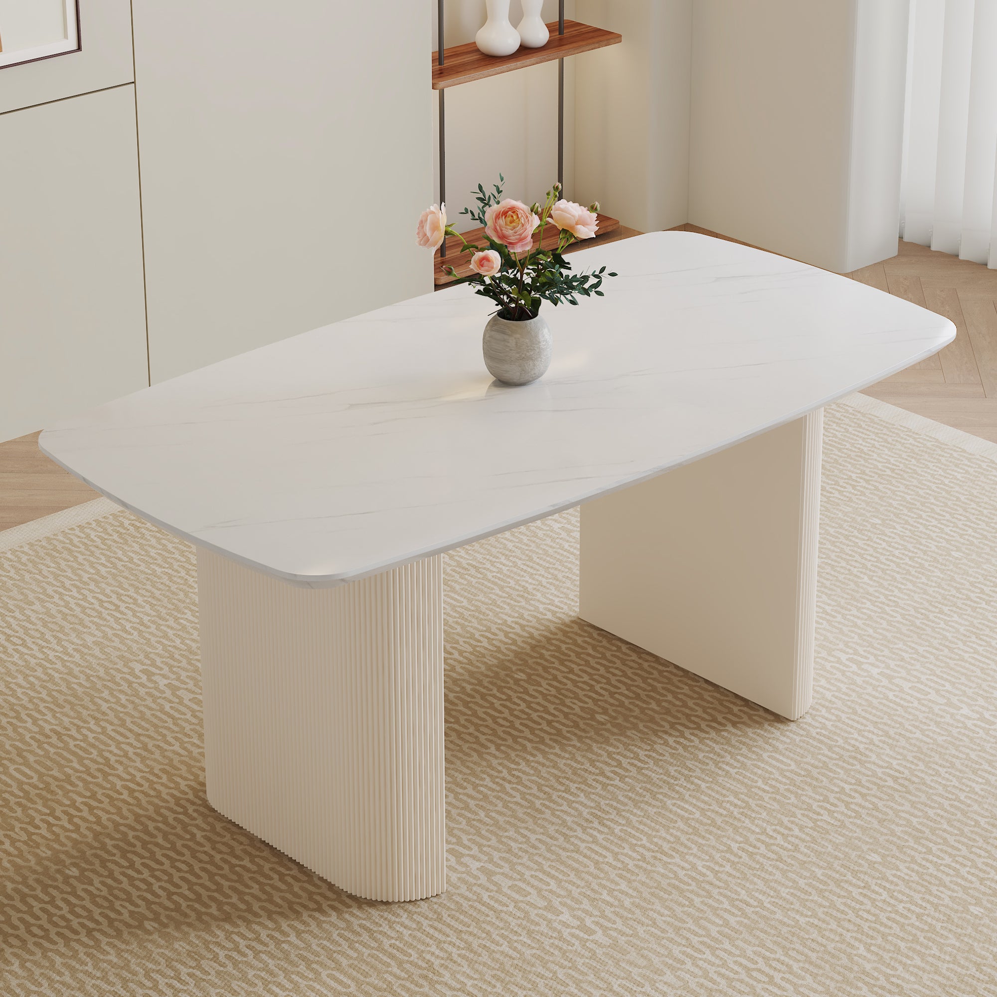 Cream style MDF white dining table.It is a furniture with a warm and soft appearance, suitable for creating a comfortable and friendly dining environment, suitable for kitchens, dining rooms,etc.