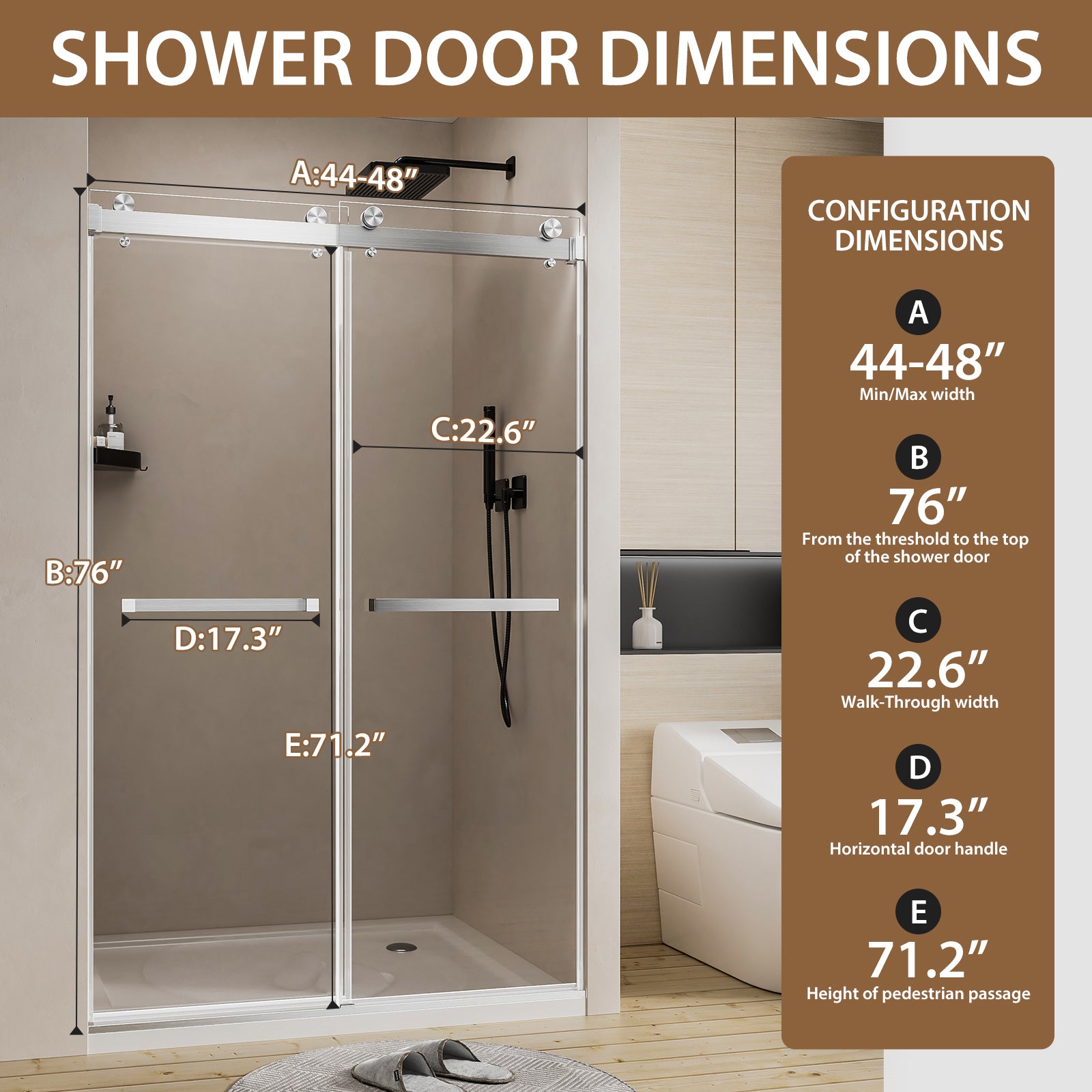 Frameless sliding shower door 76 inch tall brushed nickel angled view