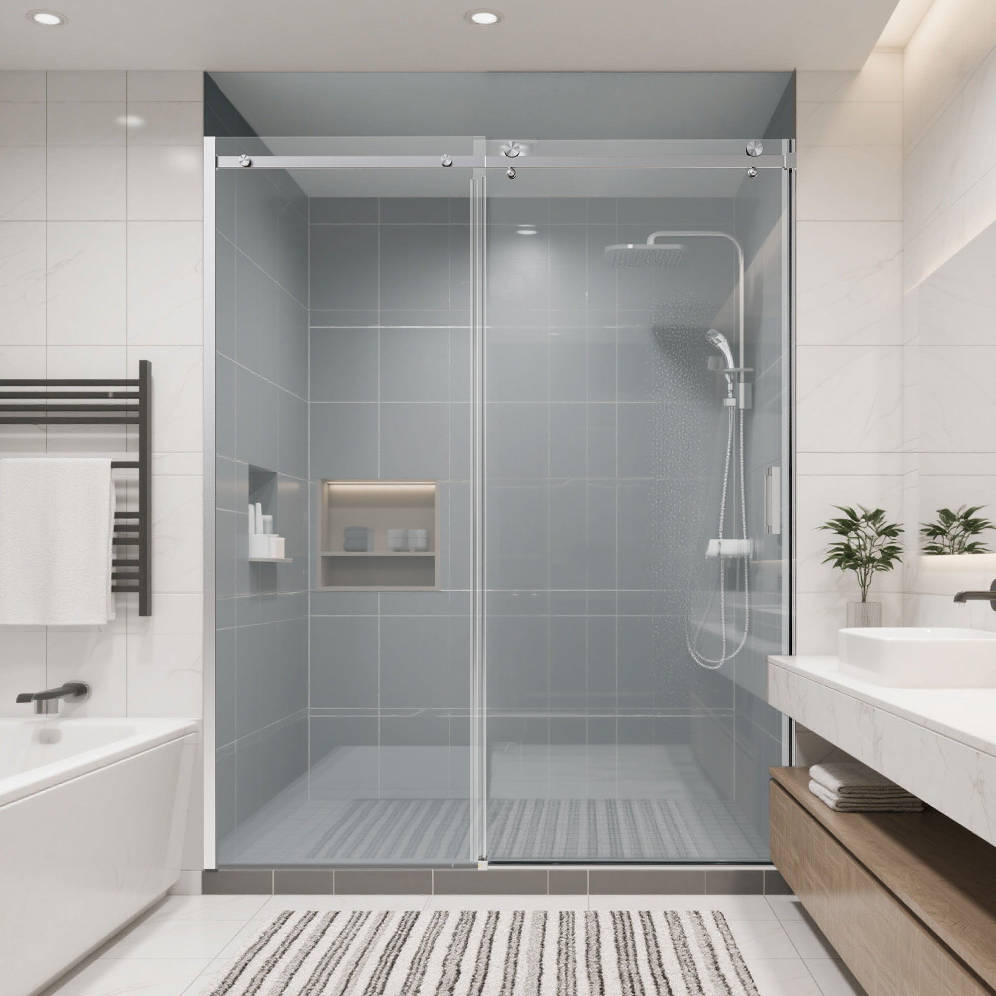 56-60 x 74 in Frameless Single Sliding Shower Door - Brushed Nickel view 1