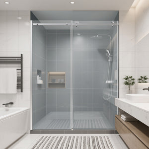 56-60 x 74 in Frameless Single Sliding Shower Door - Brushed Nickel view 1