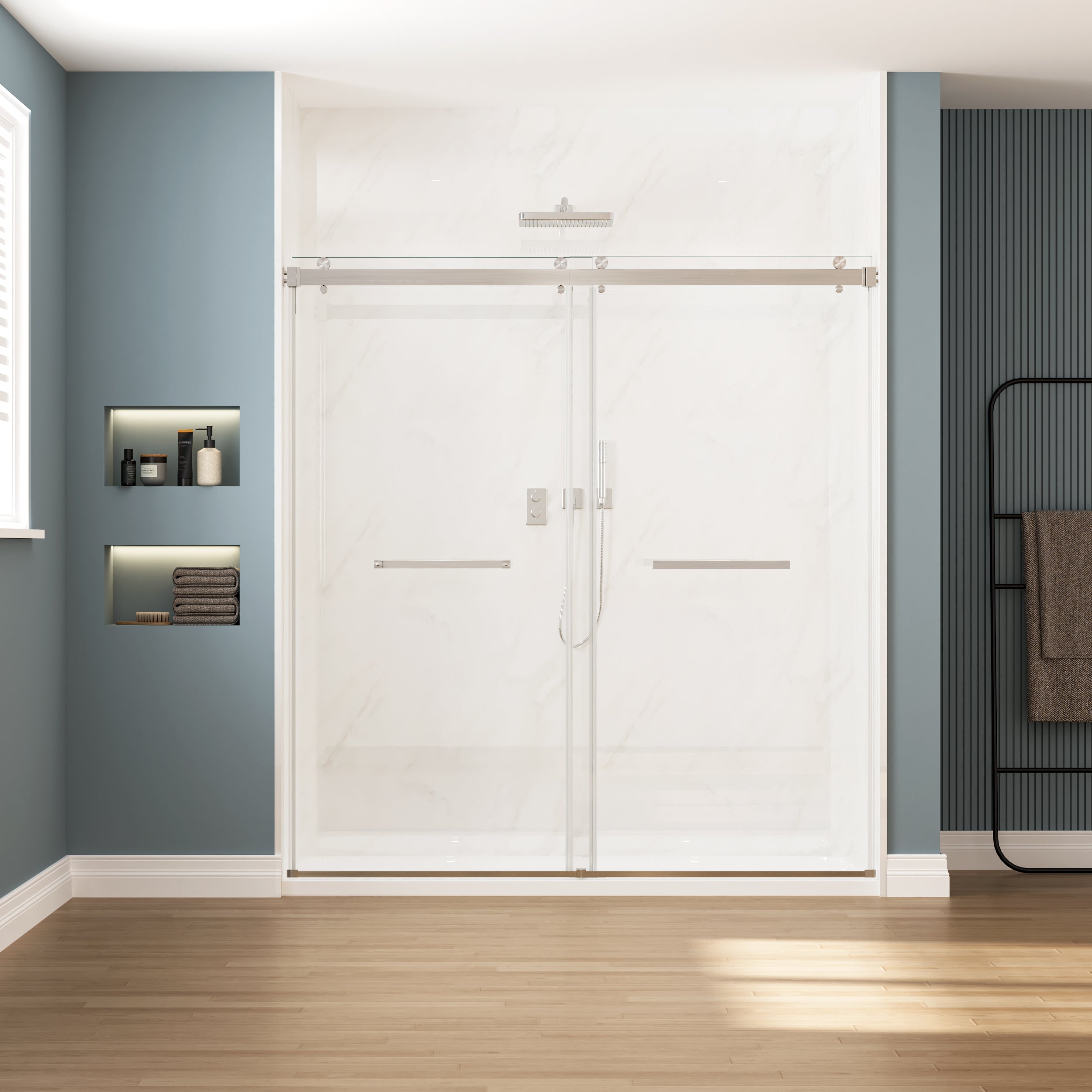 68 to 72 in. W x 76 in. H Sliding Frameless Soft-Close Shower Door with Premium 3/8 Inch (10mm) Thick Tampered Glass in Brushed Nickel 03A42-7276
