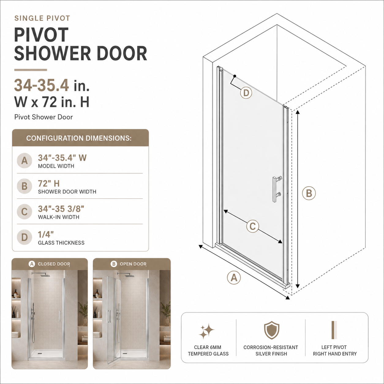 35.4 x 72 in Framed Pivot Shower Door - 35.4 x 72 in / Chrome view 4