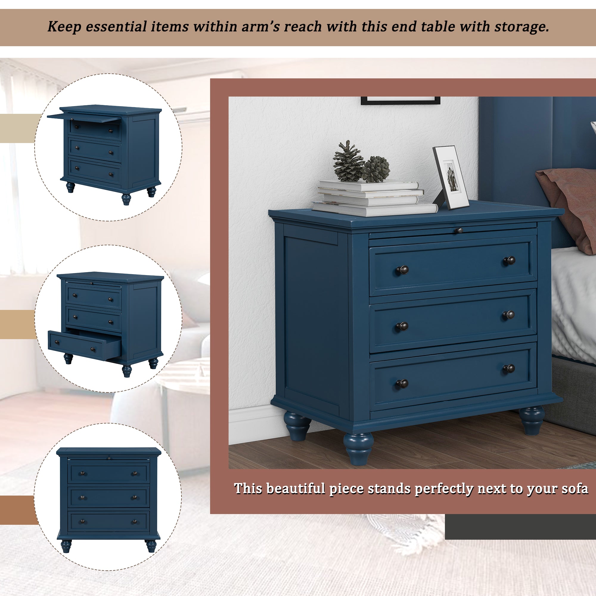 Nightstand with pull-out tray and drawers open, pine finish