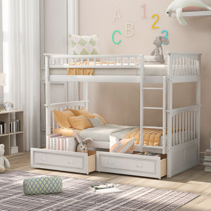 White twin over twin convertible bunk bed with drawers, front view
