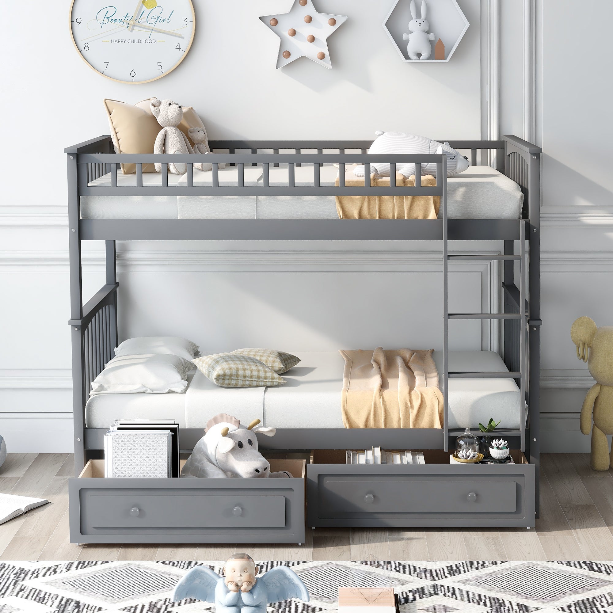 Gray twin over twin bunk bed with storage drawers, angled view
