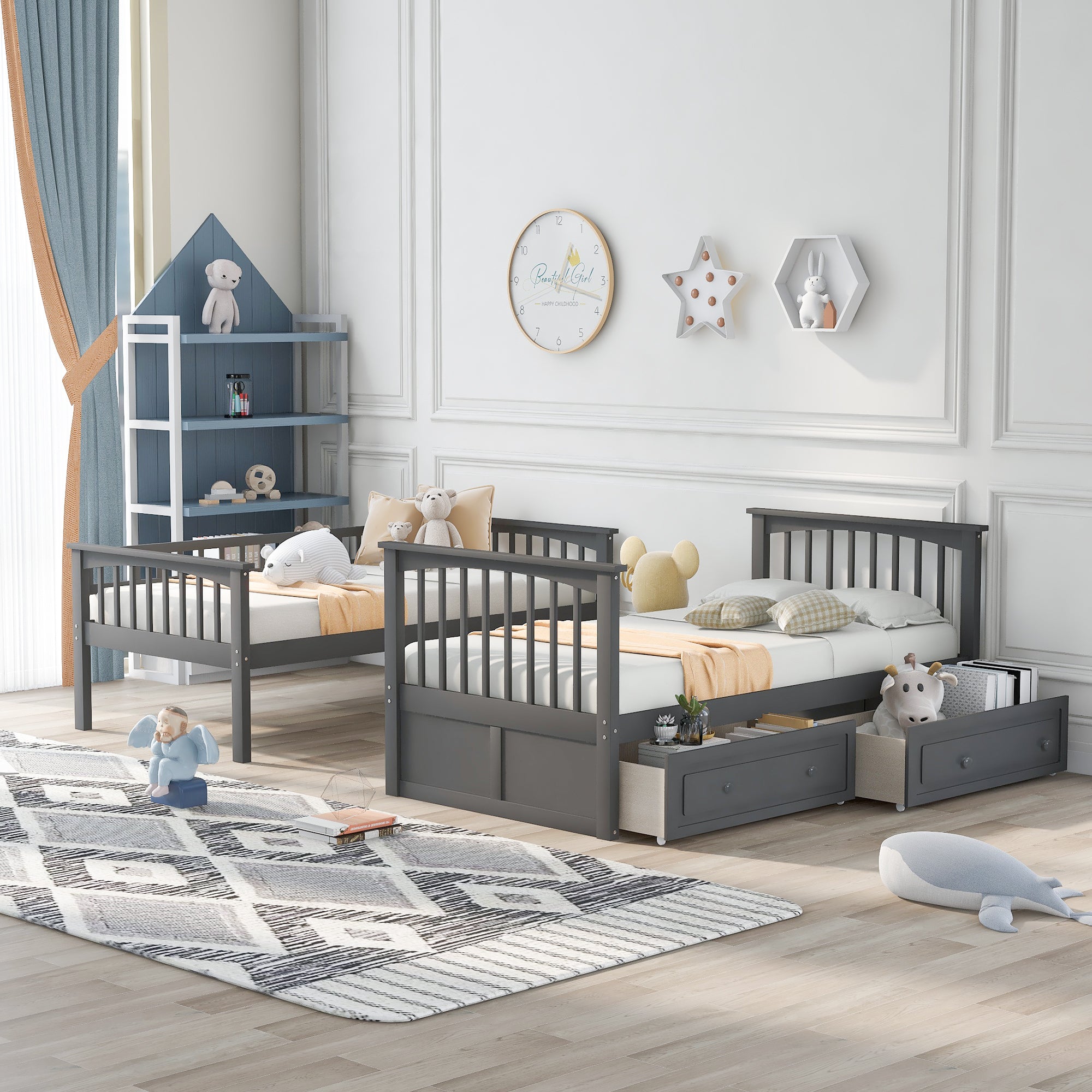 Gray twin over twin convertible bunk bed, side view