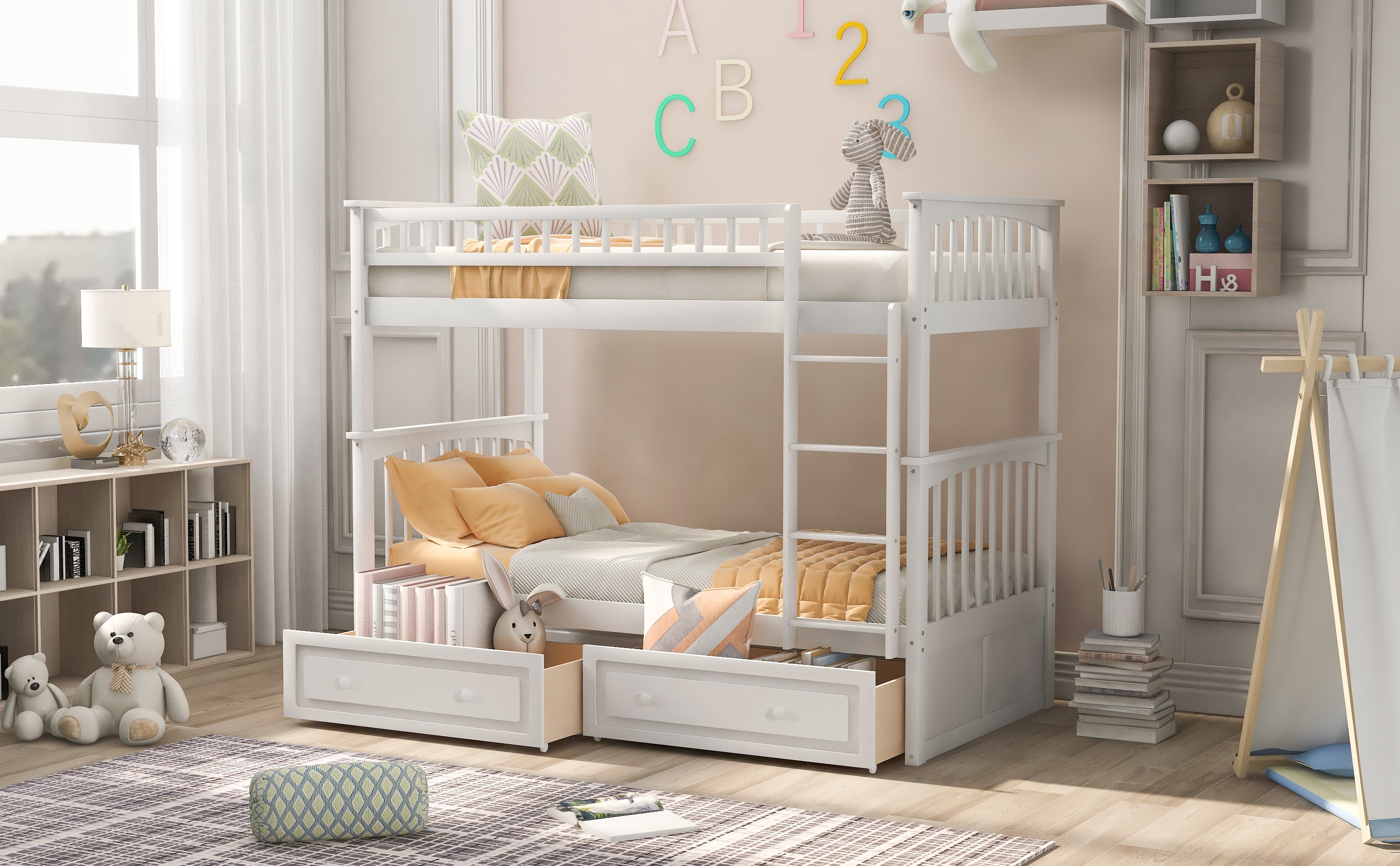 White convertible twin over twin bunk bed, drawers open detail