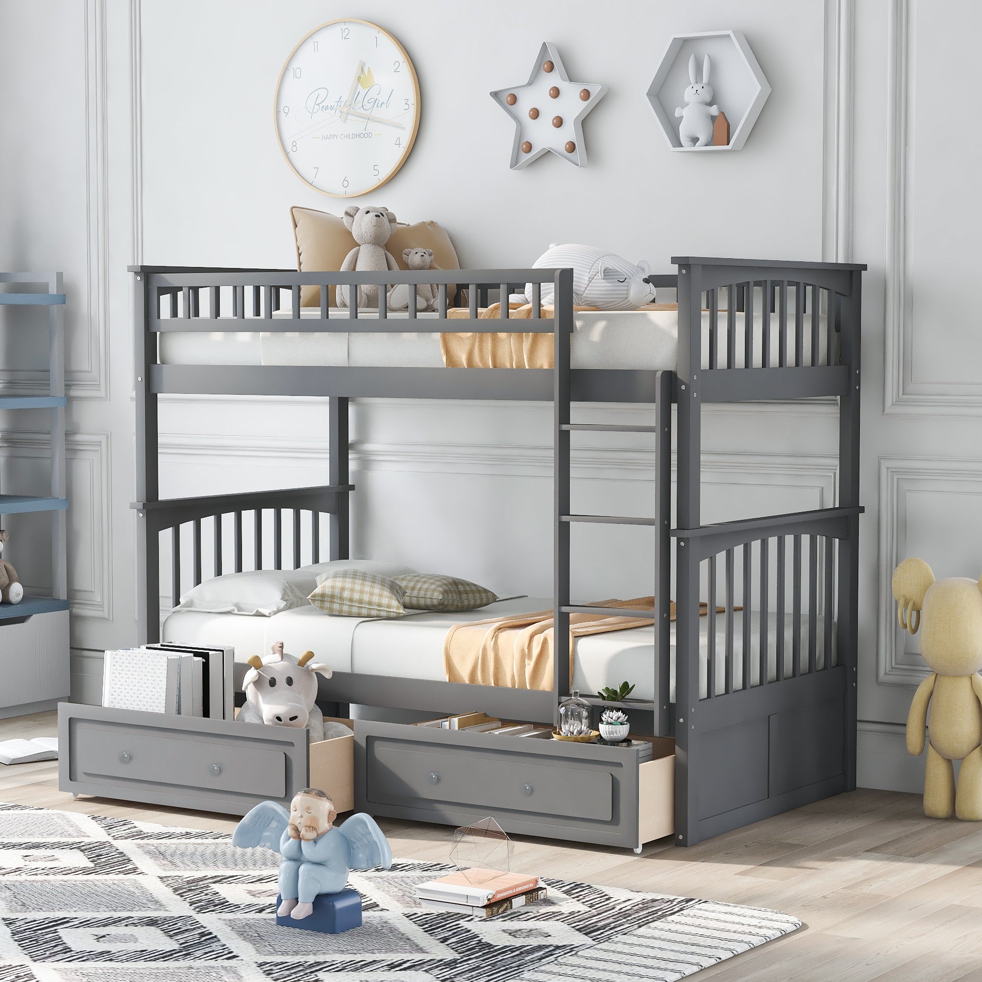Gray twin over twin bunk bed with drawers, full front view