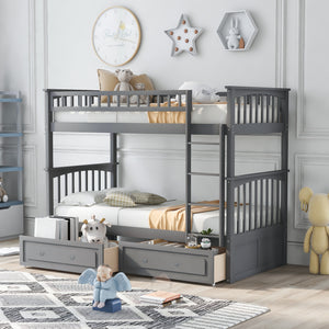 Gray twin over twin bunk bed with drawers, full front view