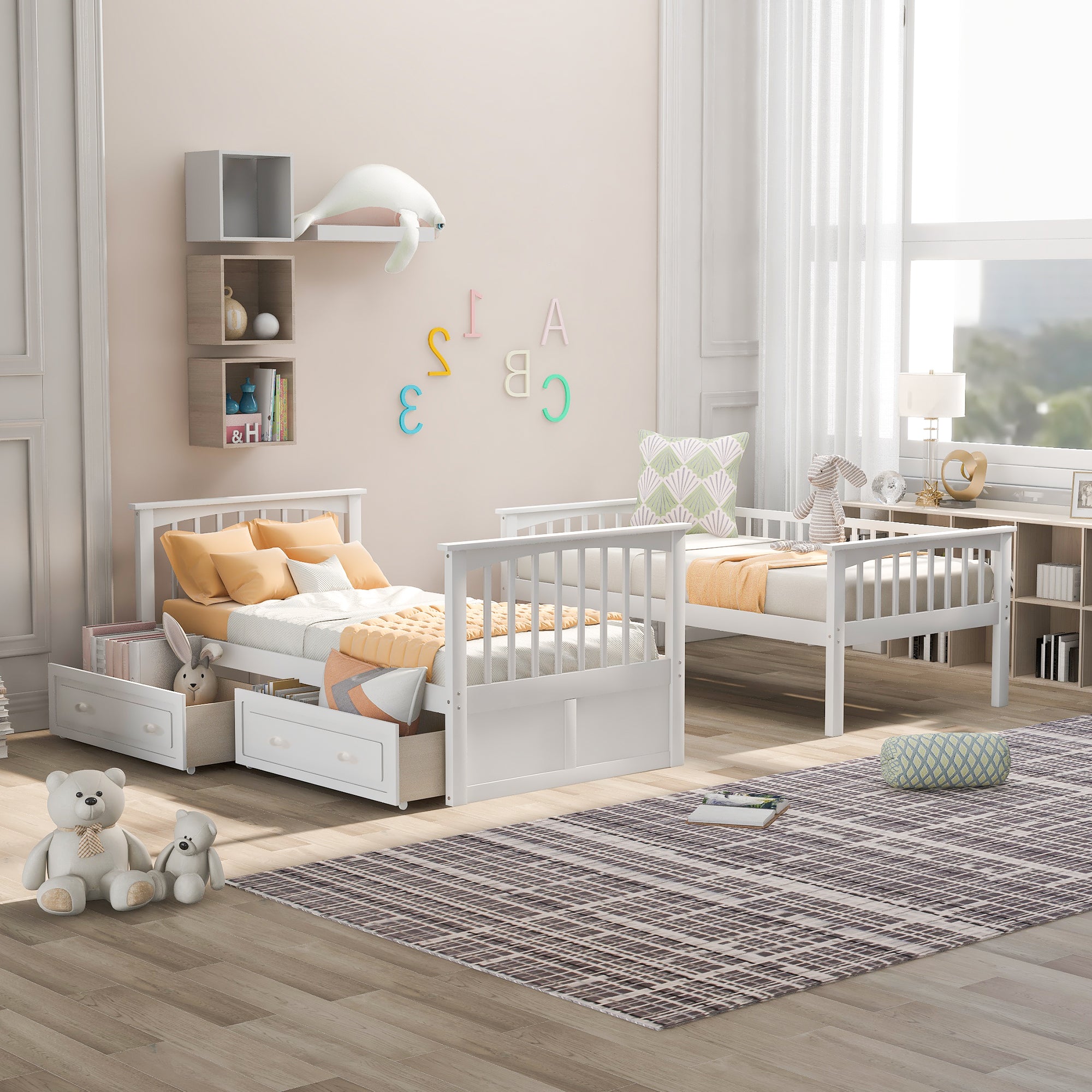 White twin bunk bed with built-in drawers, side view