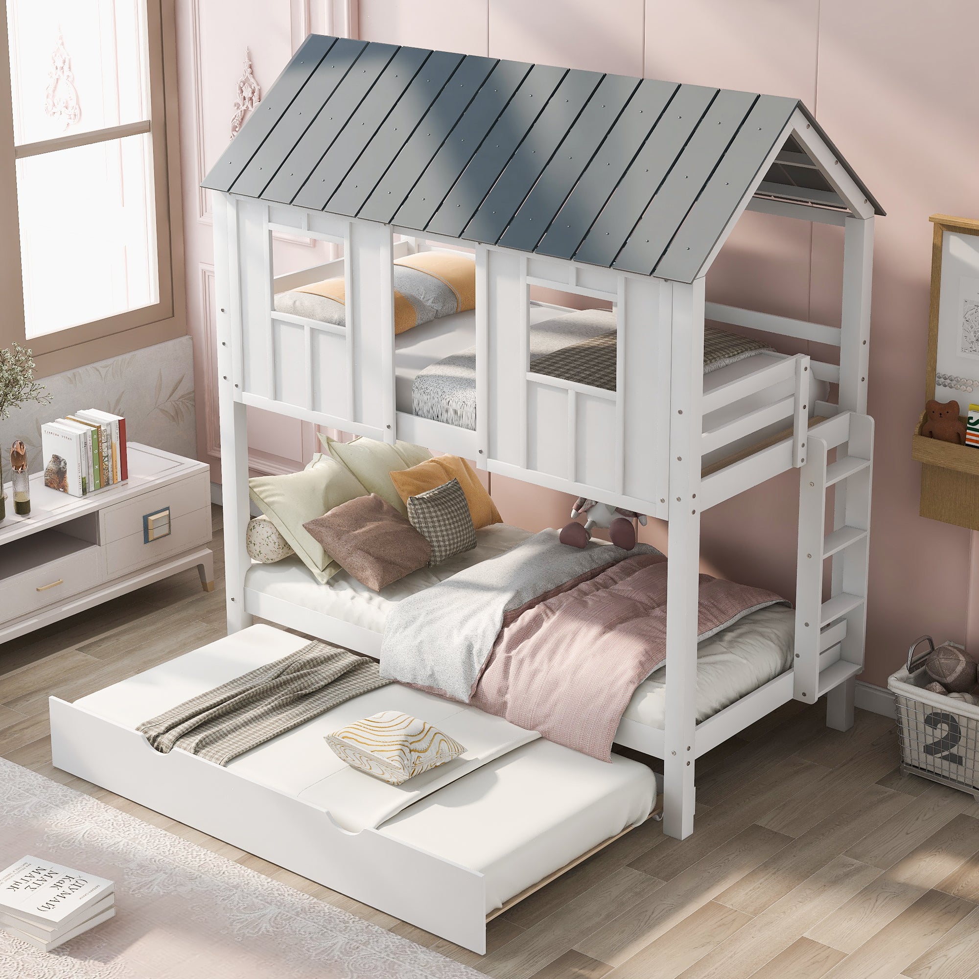 Twin house-frame bunk bed with trundle in white and grey, front view