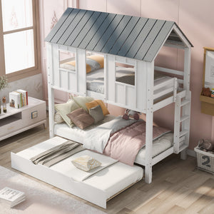 Twin house-frame bunk bed with trundle in white and grey, front view