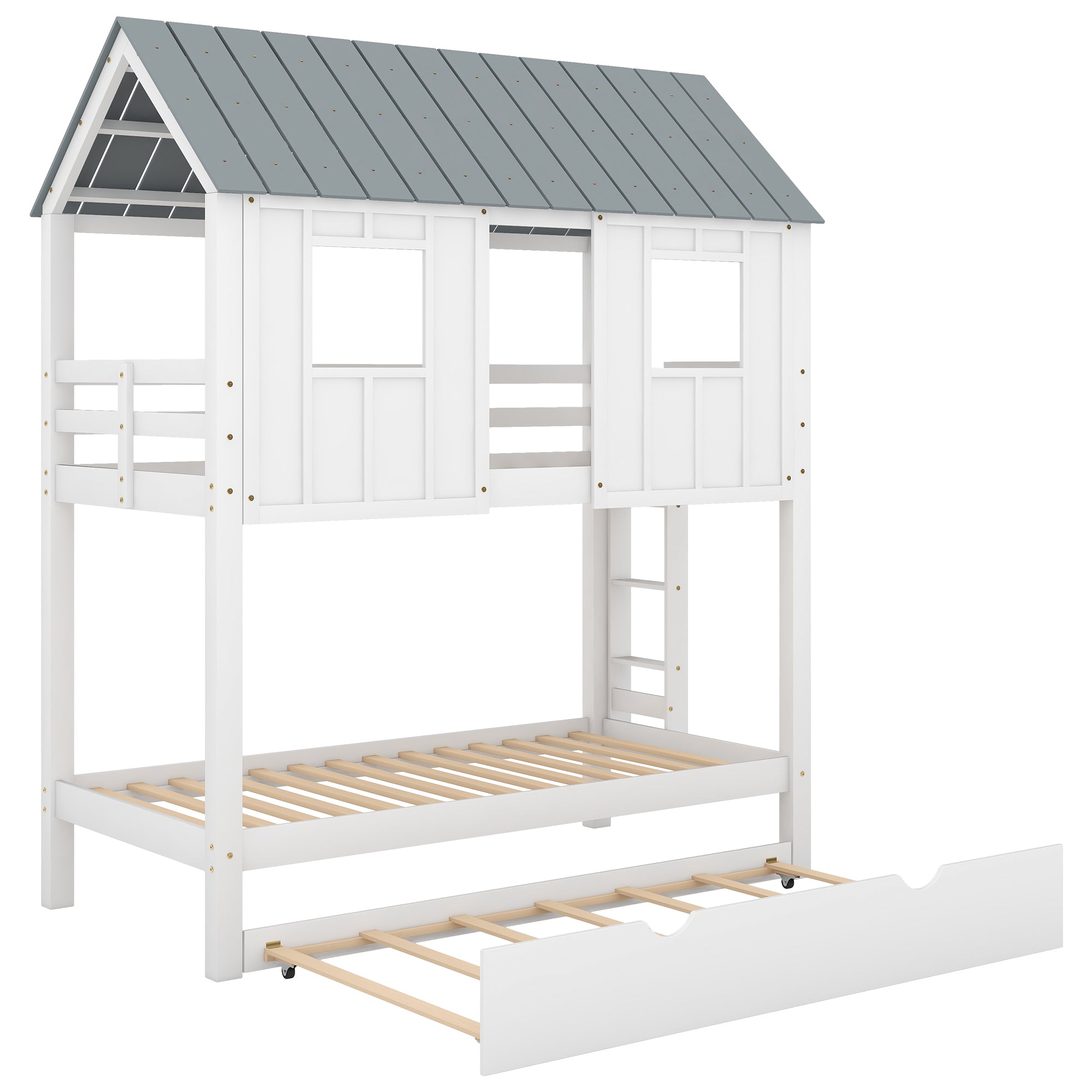 Twin house-frame bunk bed with trundle in white and grey, full room view