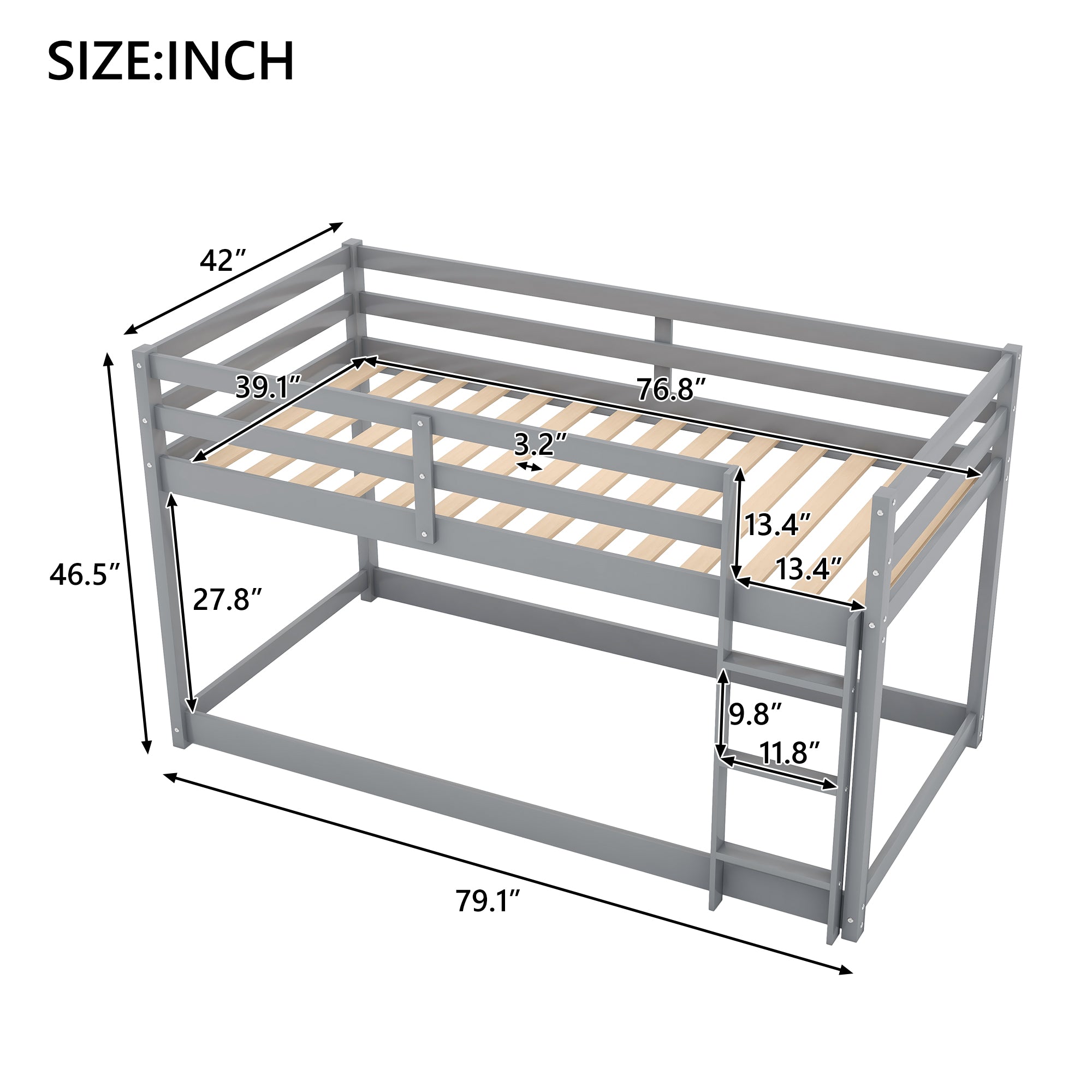 Twin over twin gray bunk bed ladder close-up view