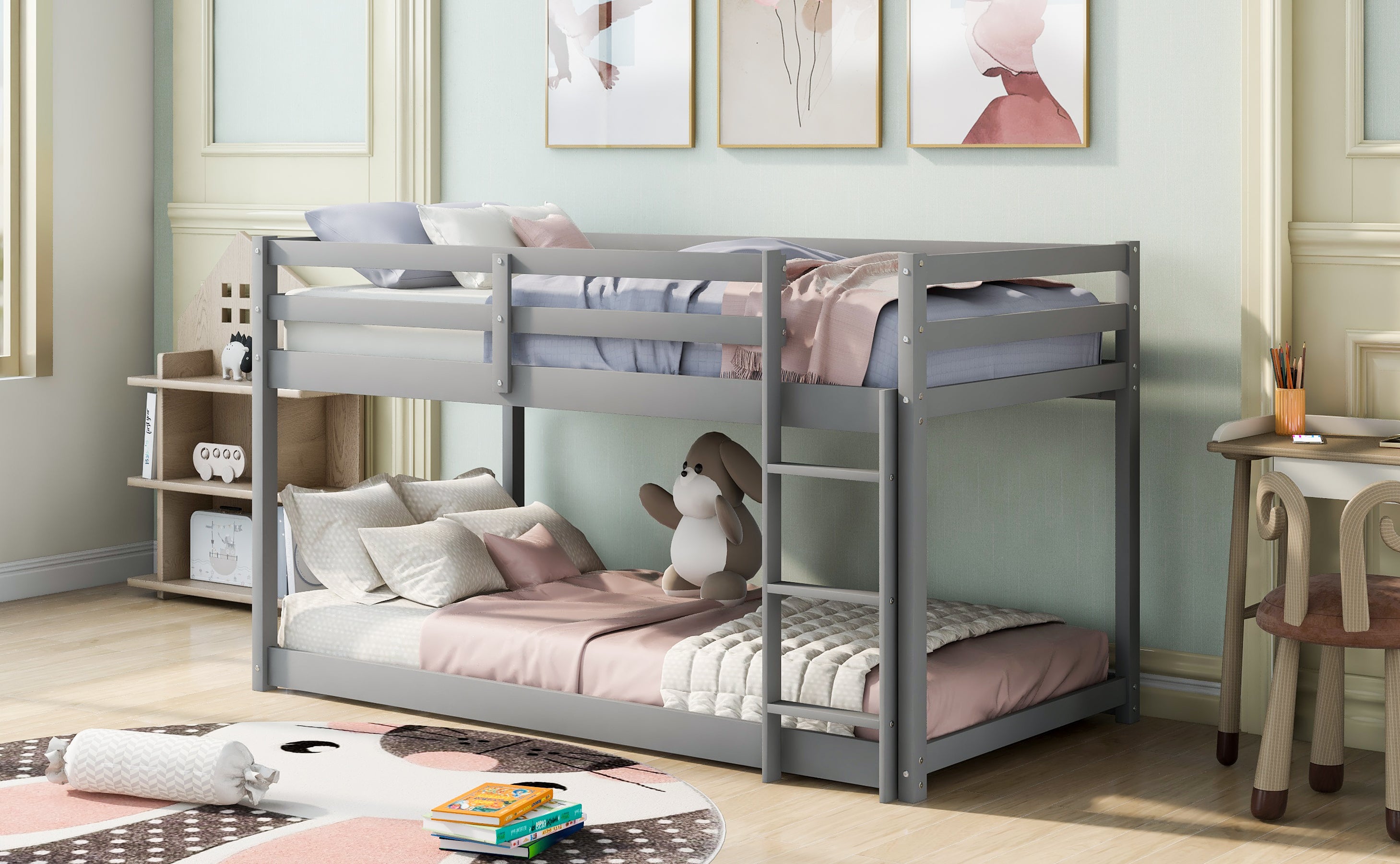 Gray twin bunk bed low-profile floor design, detail view