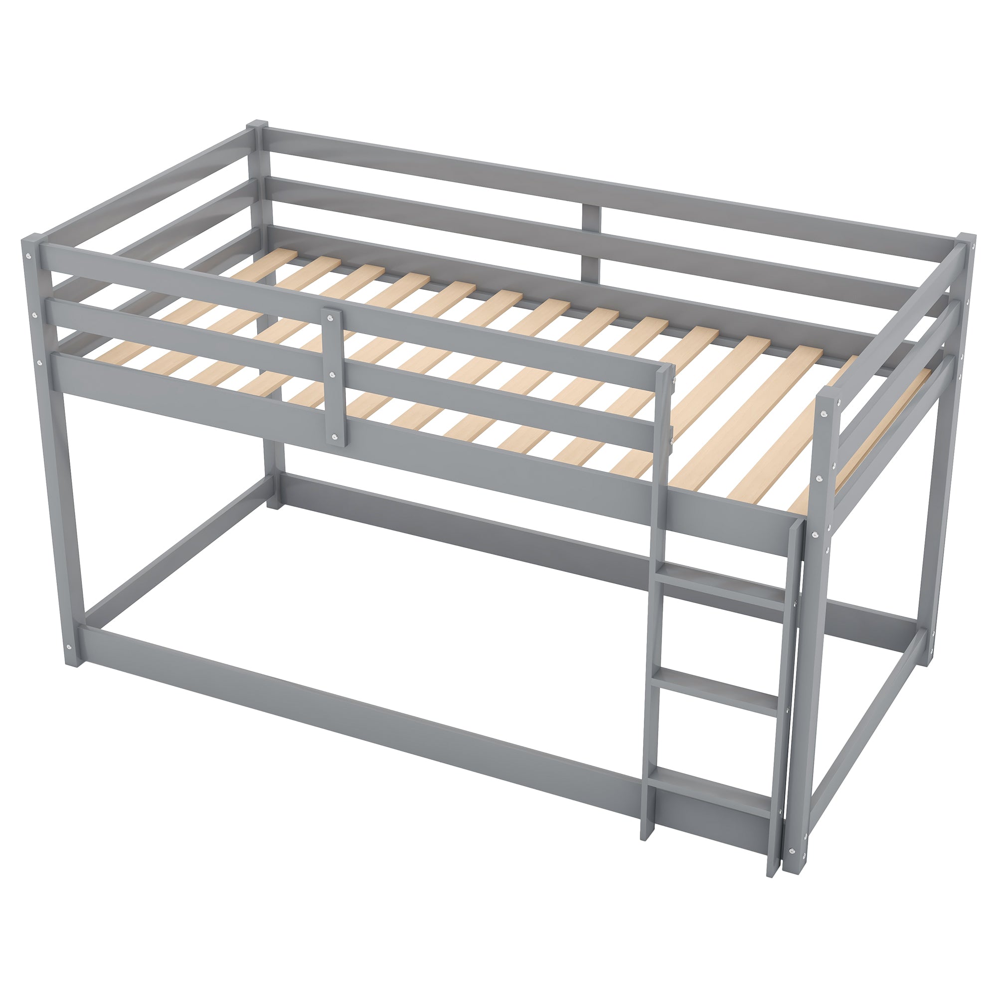 Gray twin over twin floor bunk bed in shared bedroom setting