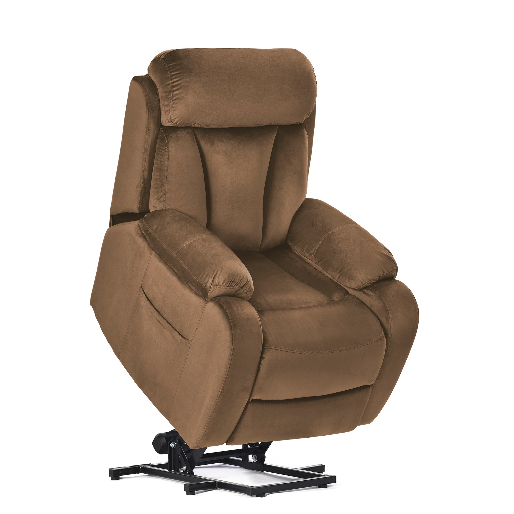 Brown power lift recliner chair reclined position, side view