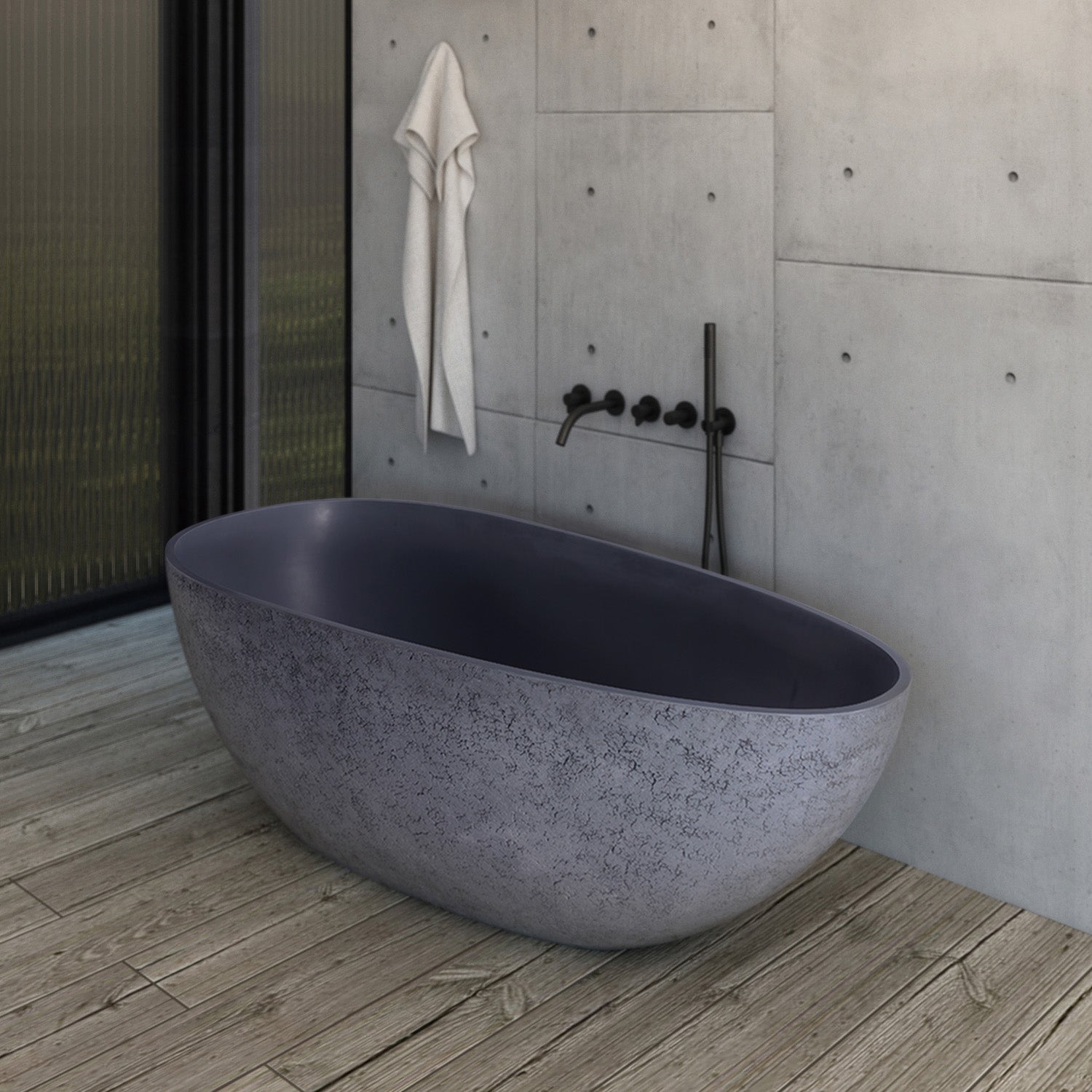 65 inch freestanding solid surface soaking bathtub, full side view