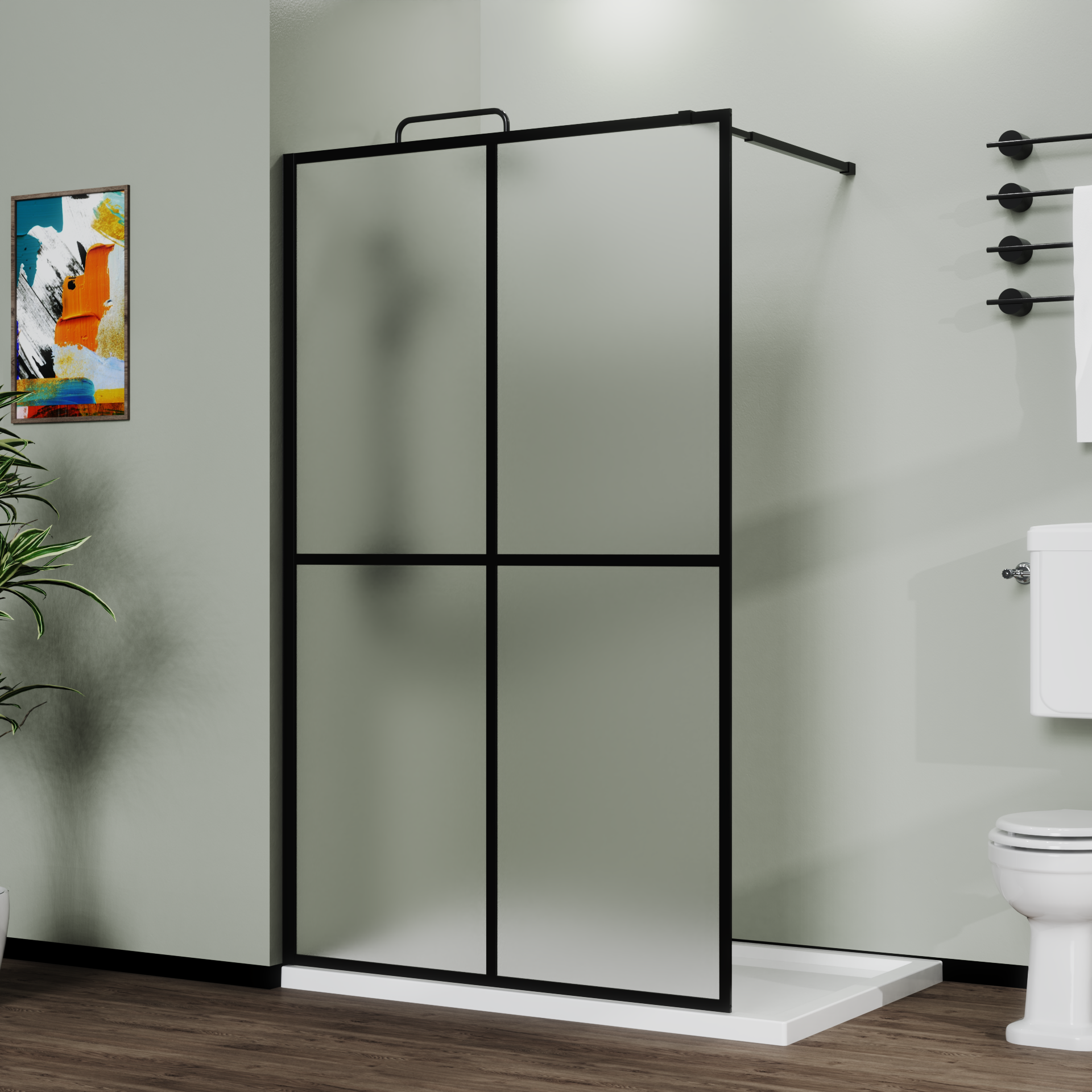Frosted 4-panel walk-in shower screen black frame bathroom view