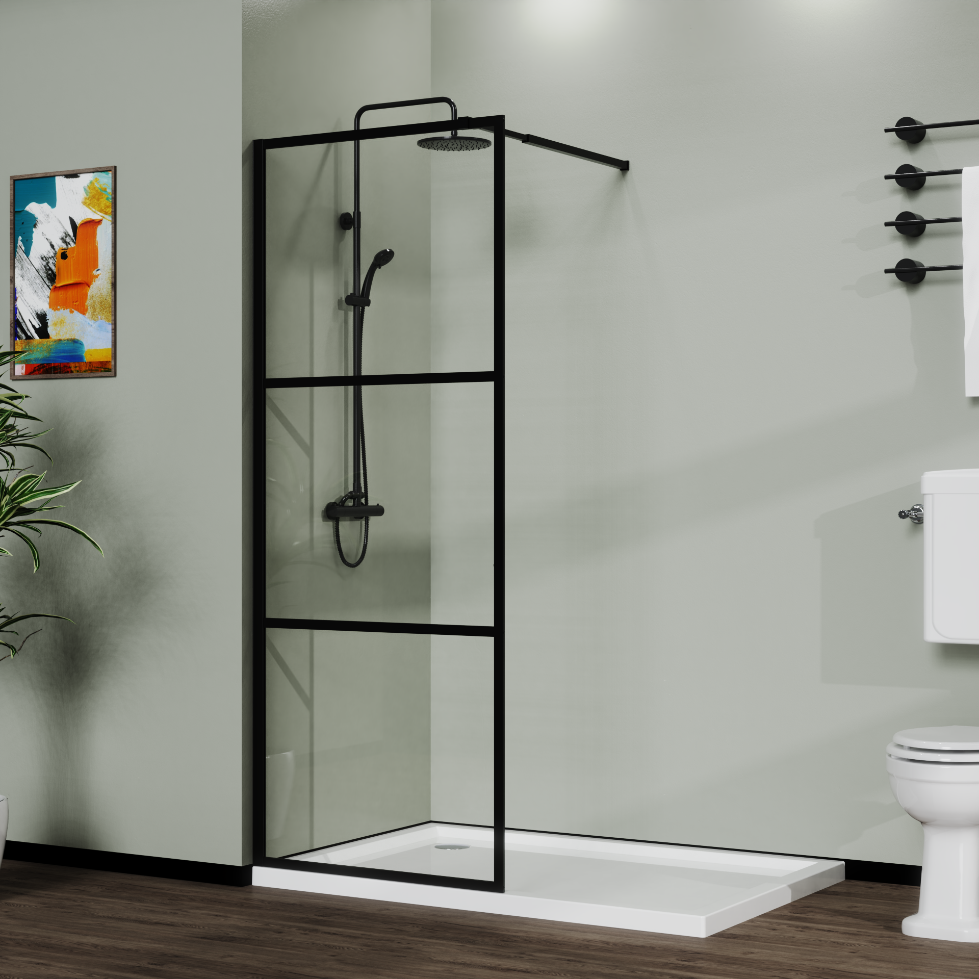 Clear 3-panel walk-in shower screen black frame bathroom view