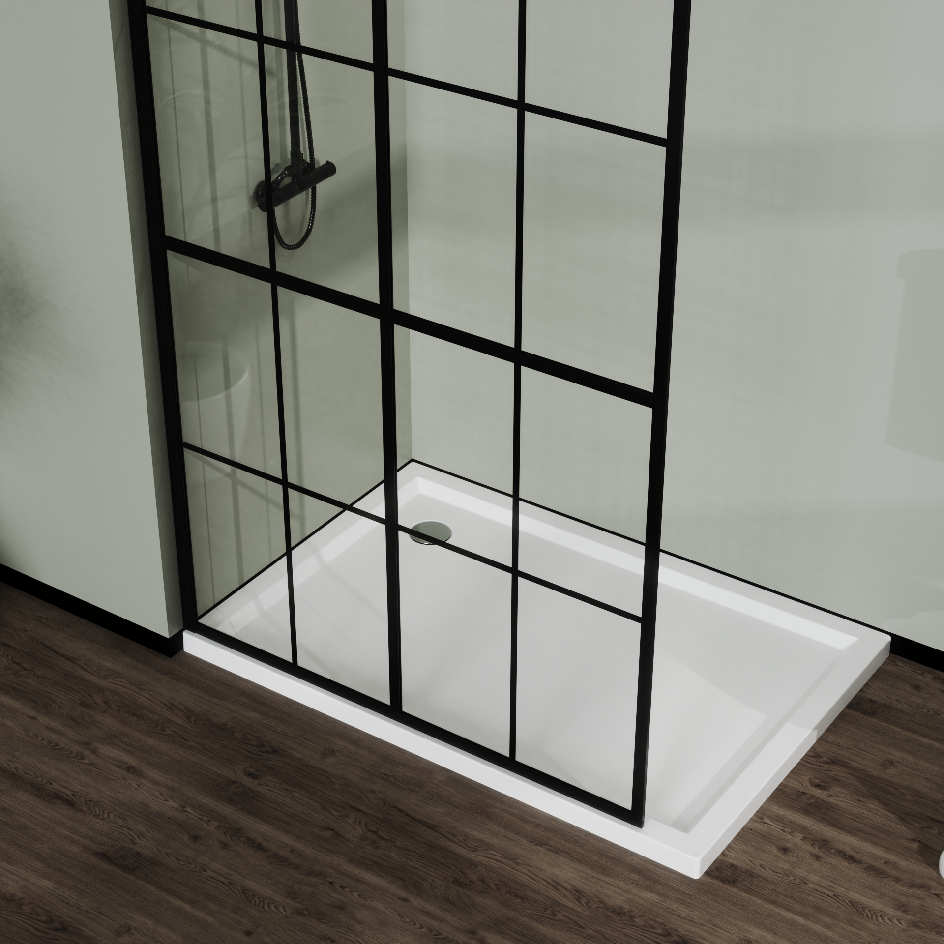 Walk-in shower screen black frame detail
