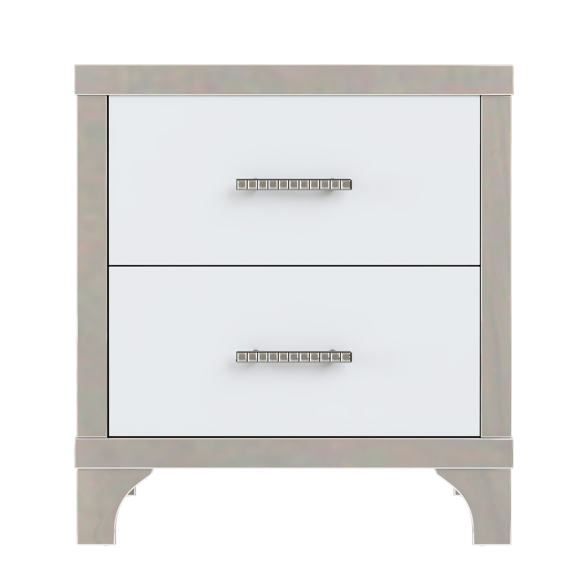 Mirrored white 2-drawer bedside table, top surface view