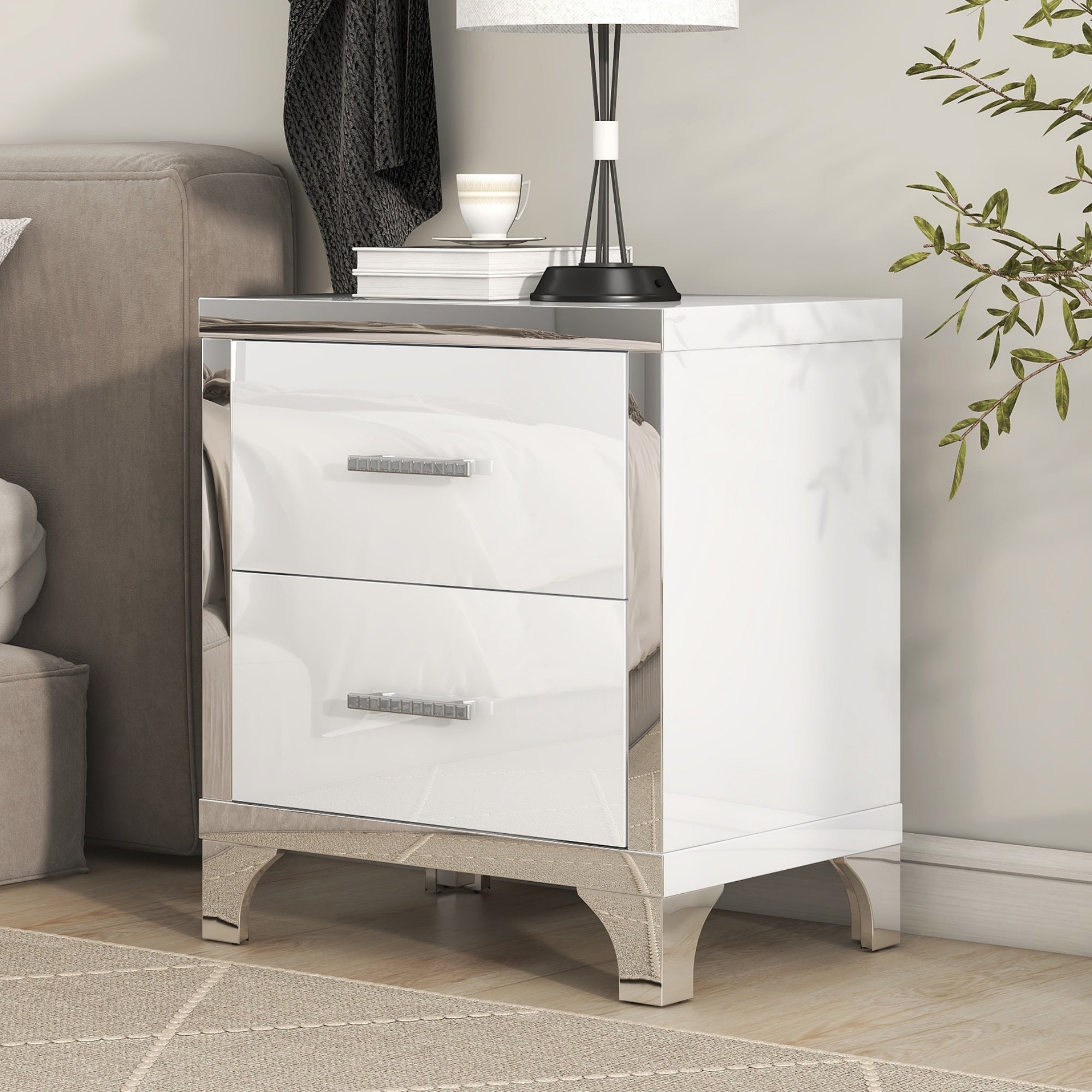 White high gloss mirrored nightstand with 2 drawers, front view