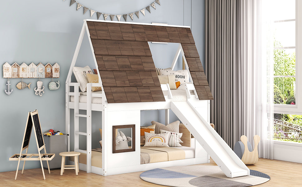 Twin house bunk bed roof frame close-up in white and brown