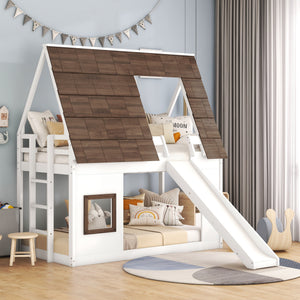 Twin wood house bunk bed with slide in white and brown, full front view