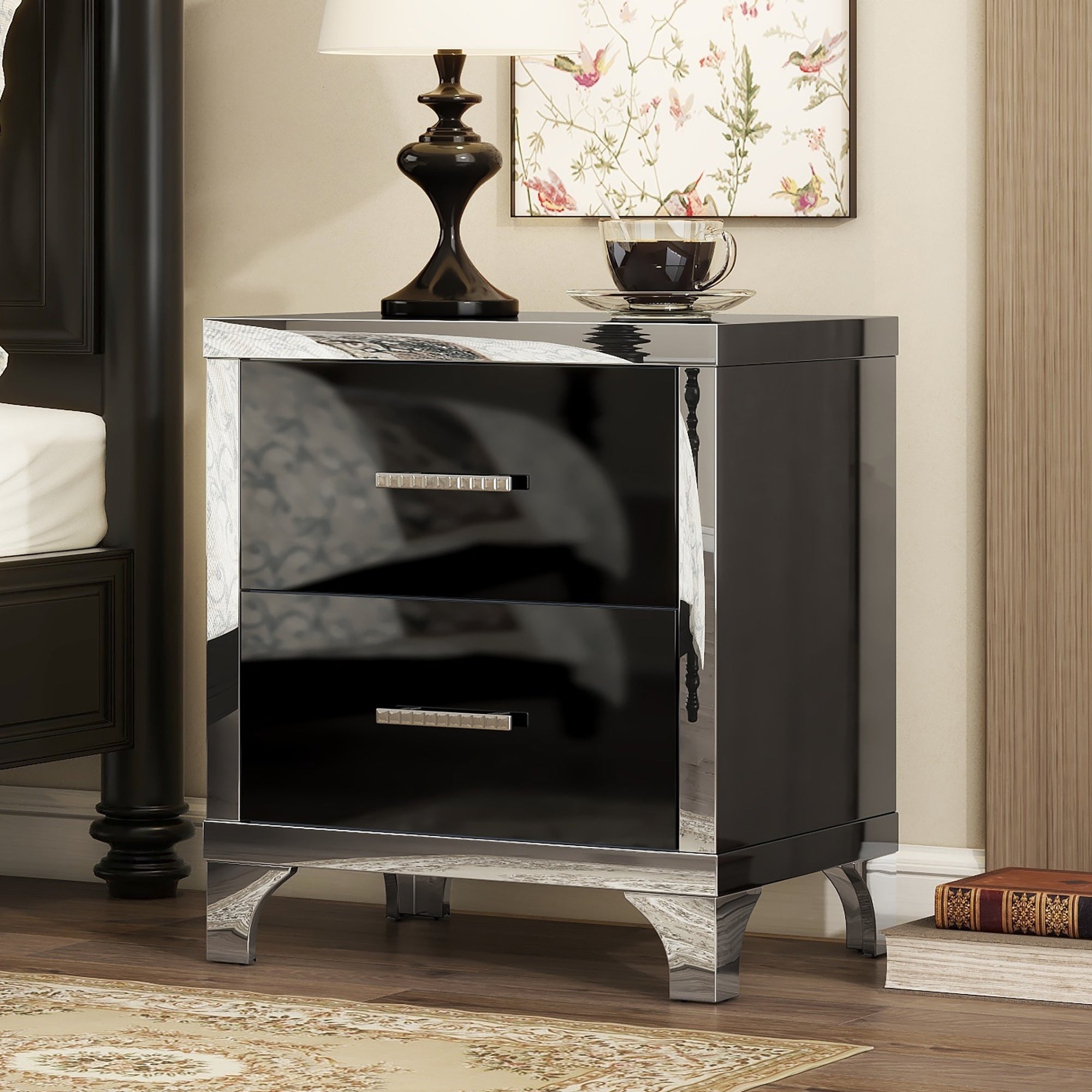 Black high gloss mirrored nightstand with 2 drawers, front view