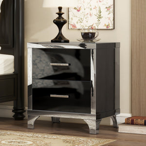 Black high gloss mirrored nightstand with 2 drawers, front view
