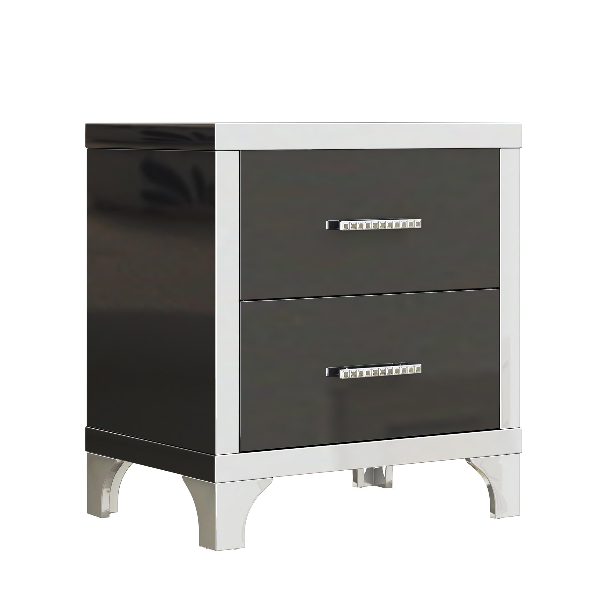 Black mirrored 2-drawer nightstand styled in bedroom, room view
