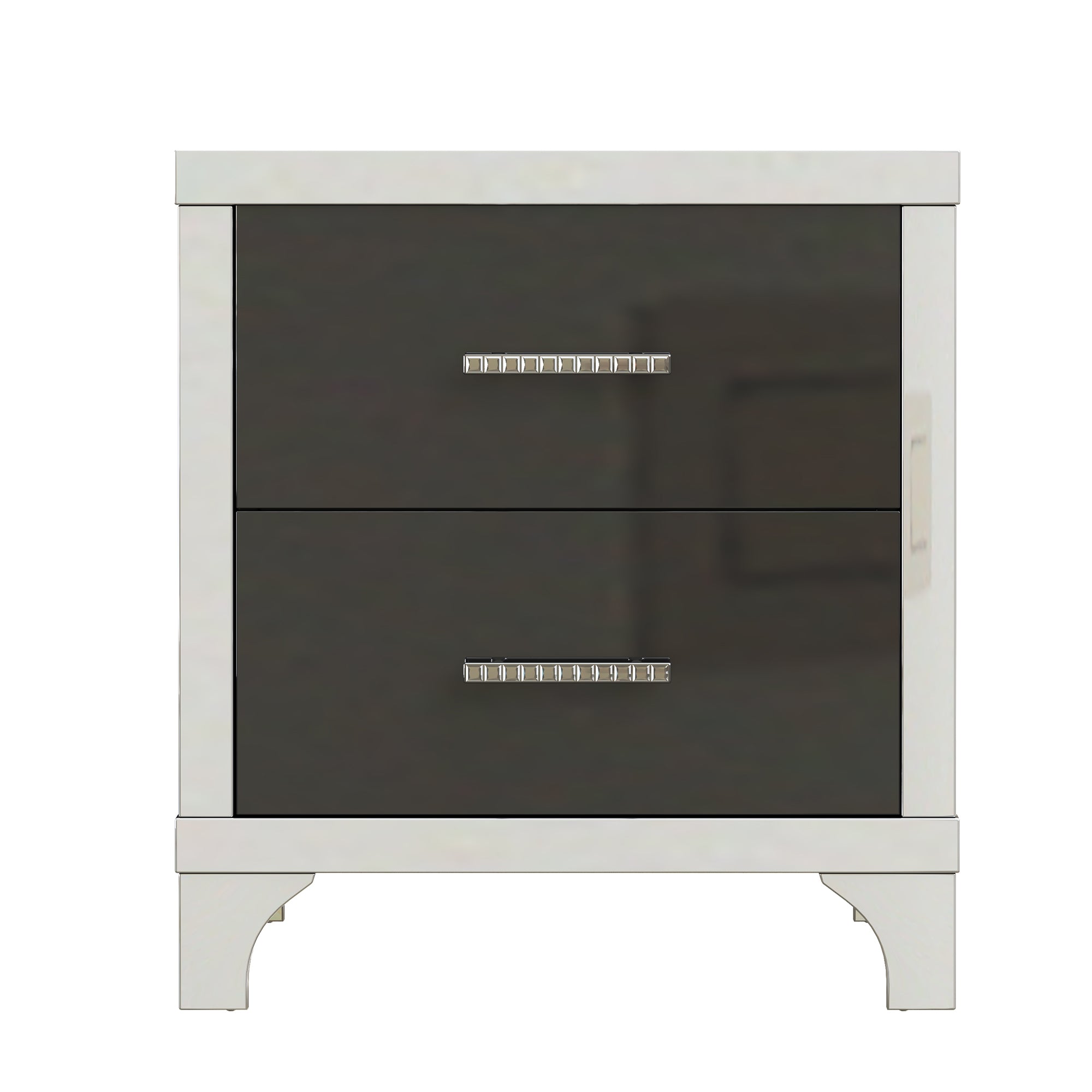 Black high gloss mirrored nightstand, metal handle close-up