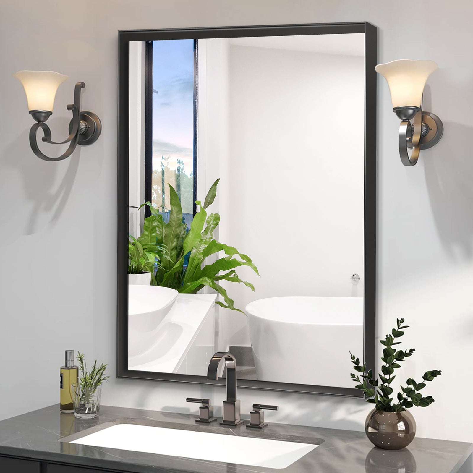 Glossy black rectangular wall mirror, modern bathroom styled view