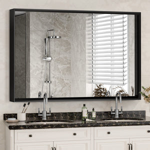 Glossy black metal framed rectangular bathroom mirror 36x30 in, front view