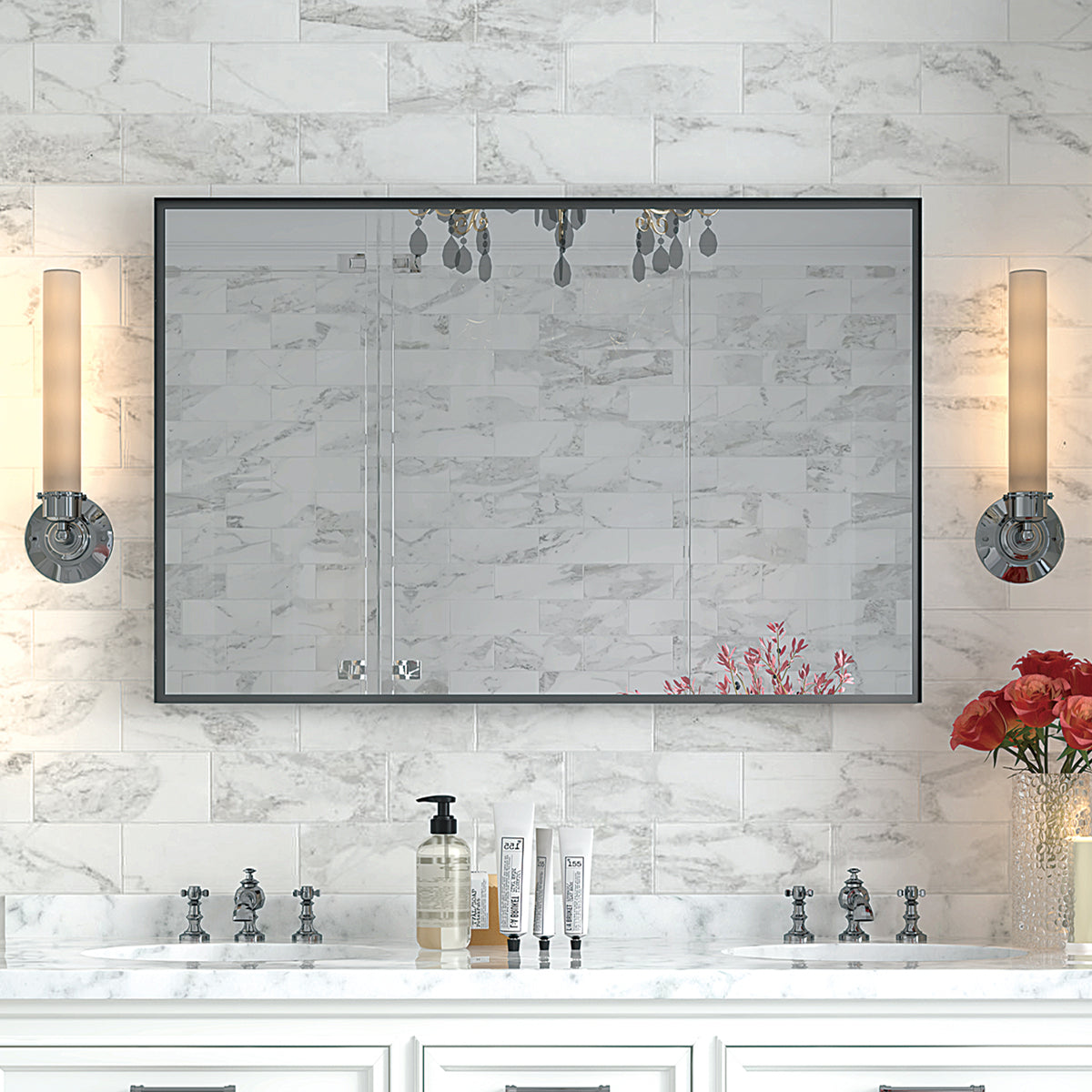 Glossy black metal frame corner close-up of 36x30 in bathroom mirror