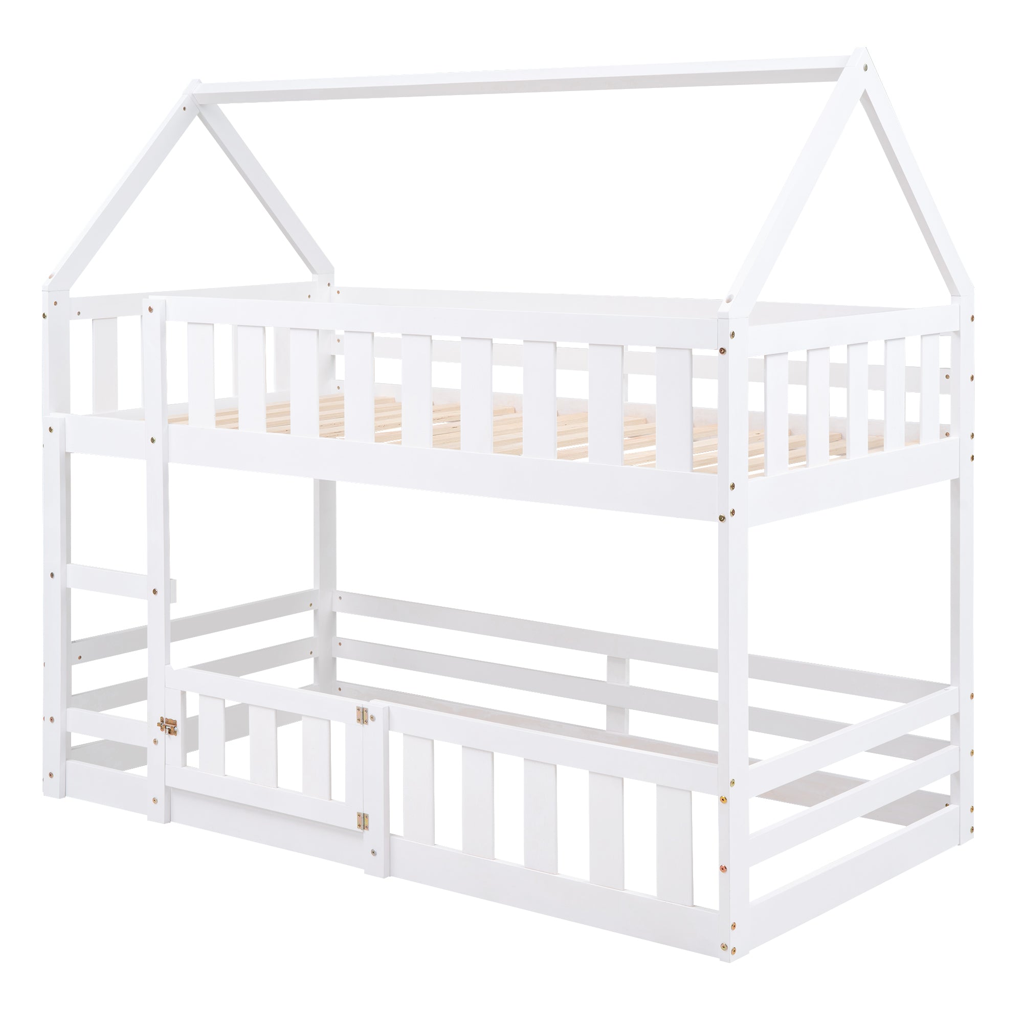 White twin over twin house-frame bunk bed styled in a kids' room
