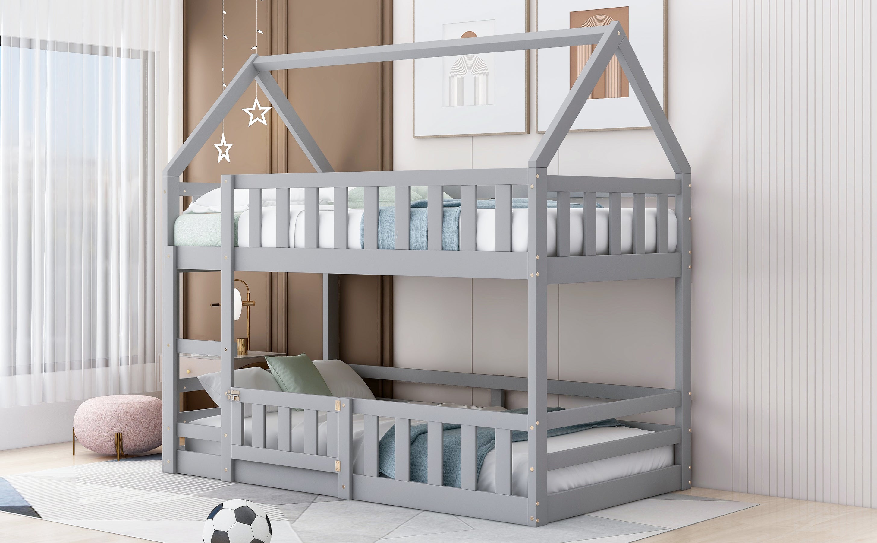 Gray house bunk bed door panel entry detail