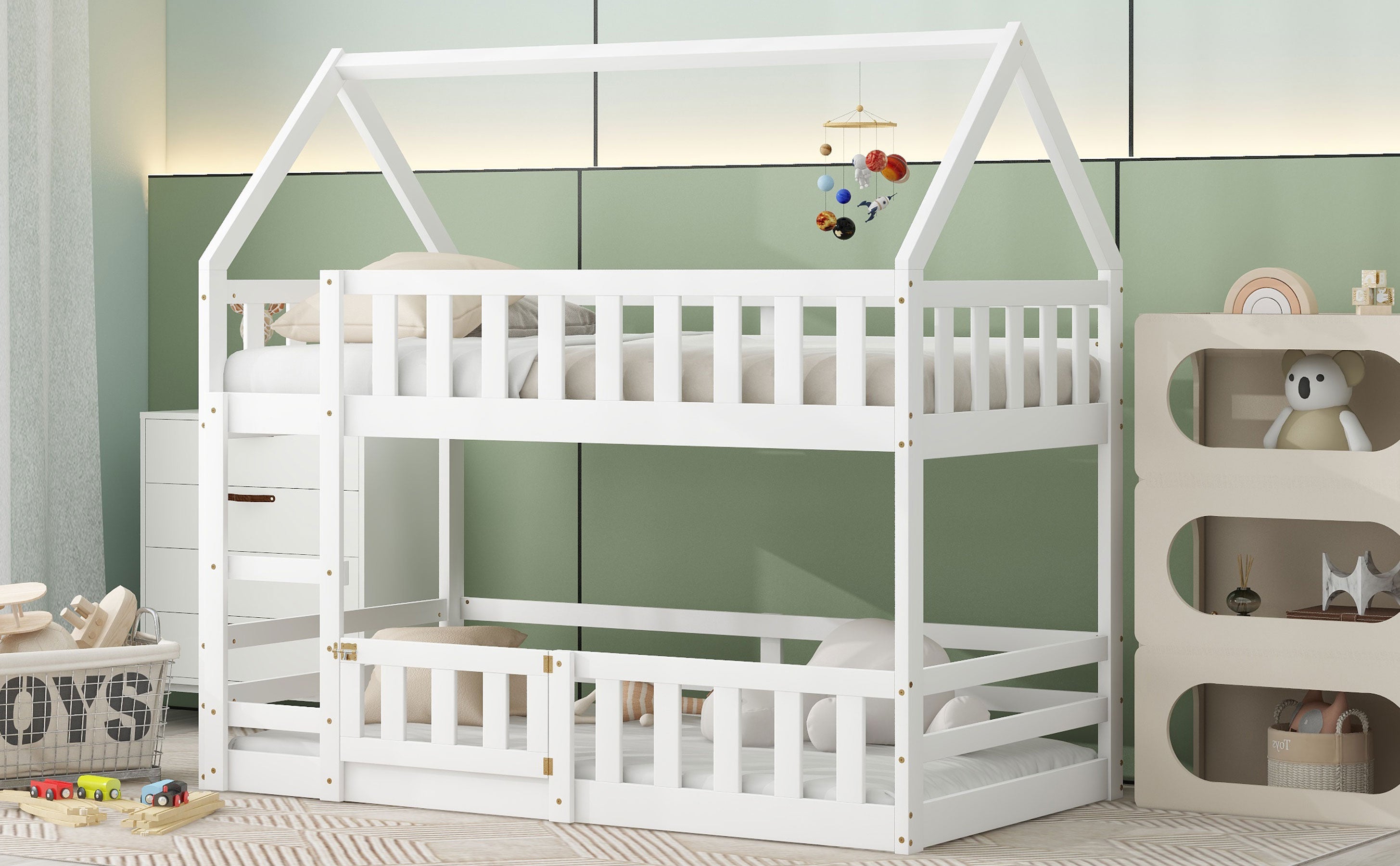 White twin over twin house bunk bed, detail of built-in door opening