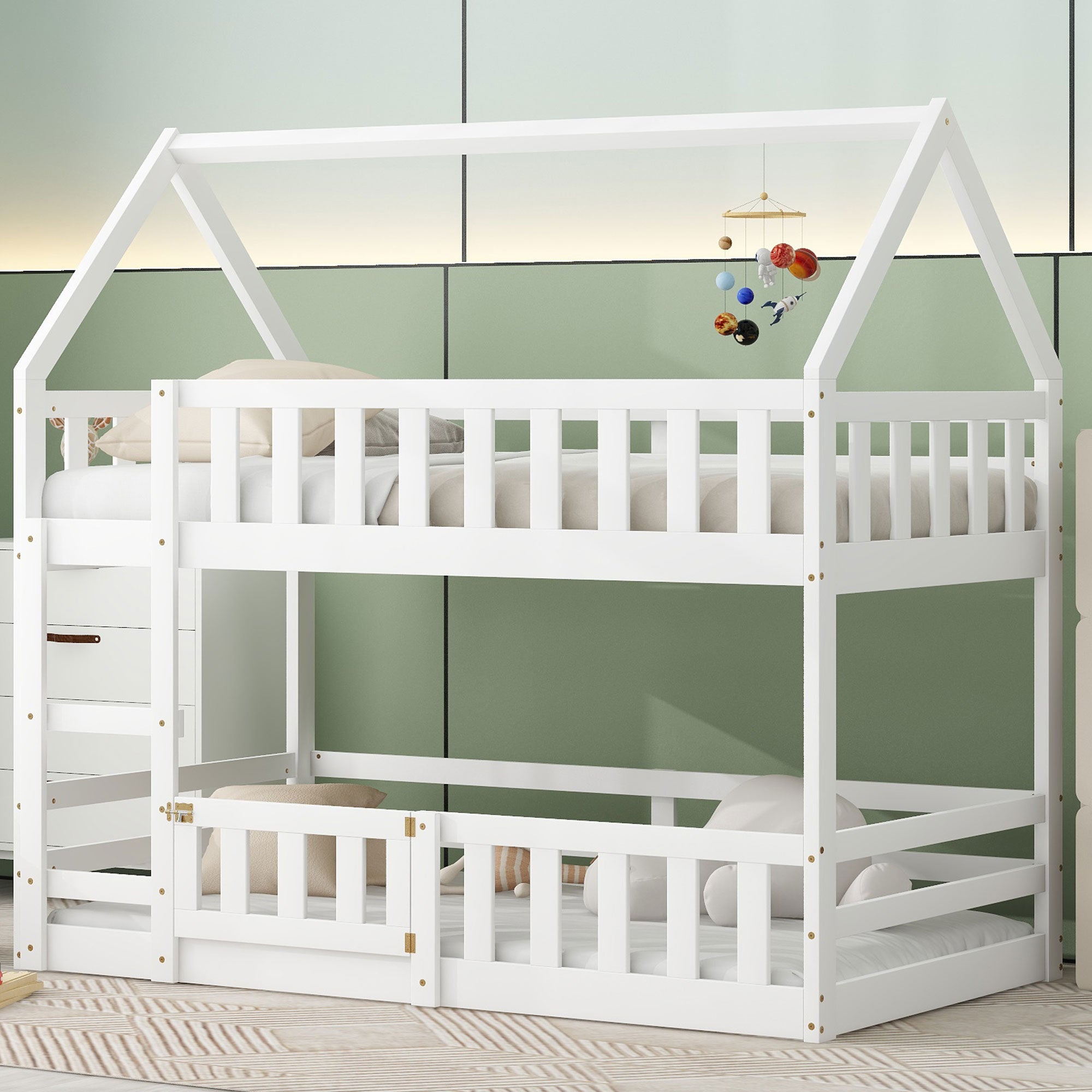 White twin over twin house bunk bed with guard fence and door, full front view