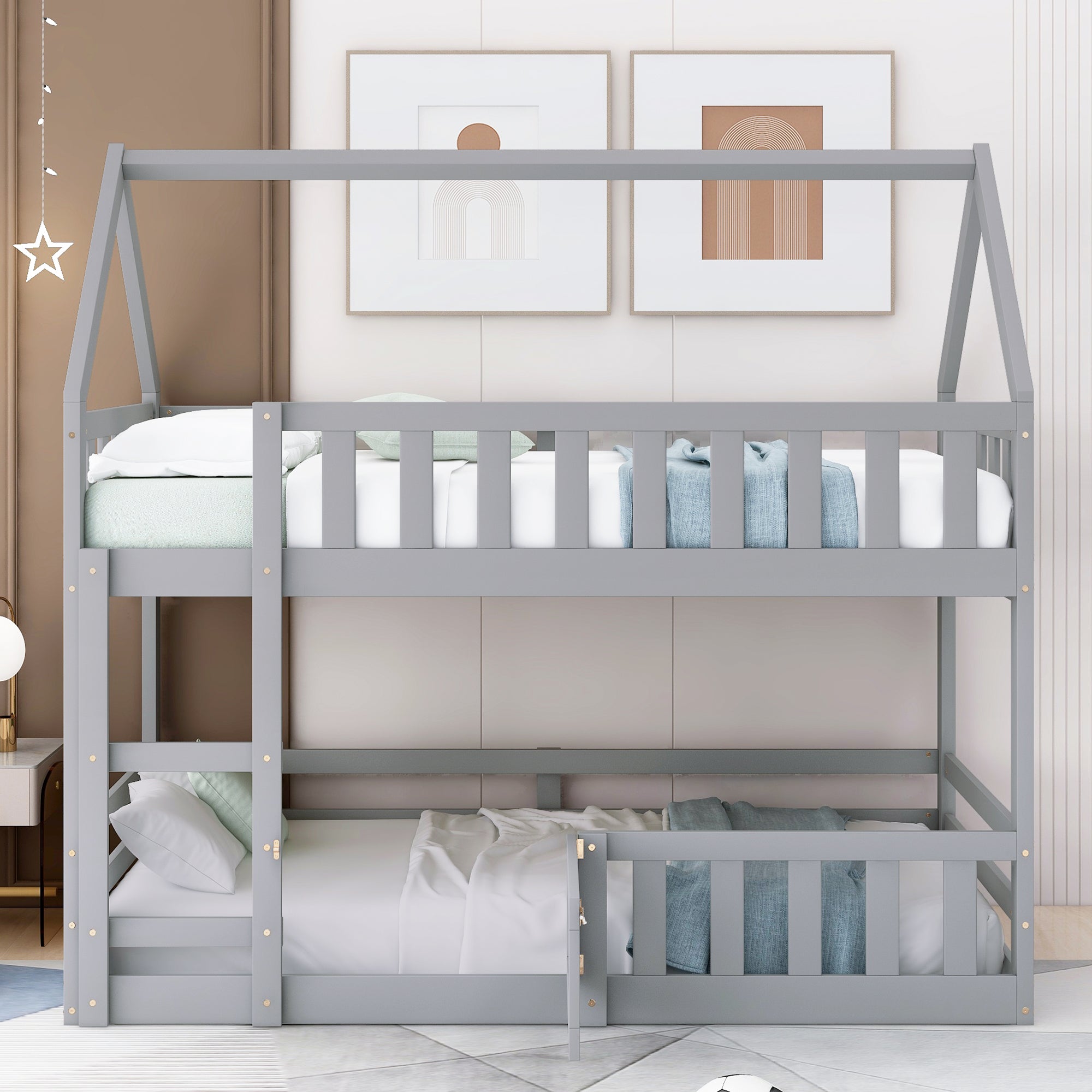 Twin over twin gray bunk bed safety fence detail