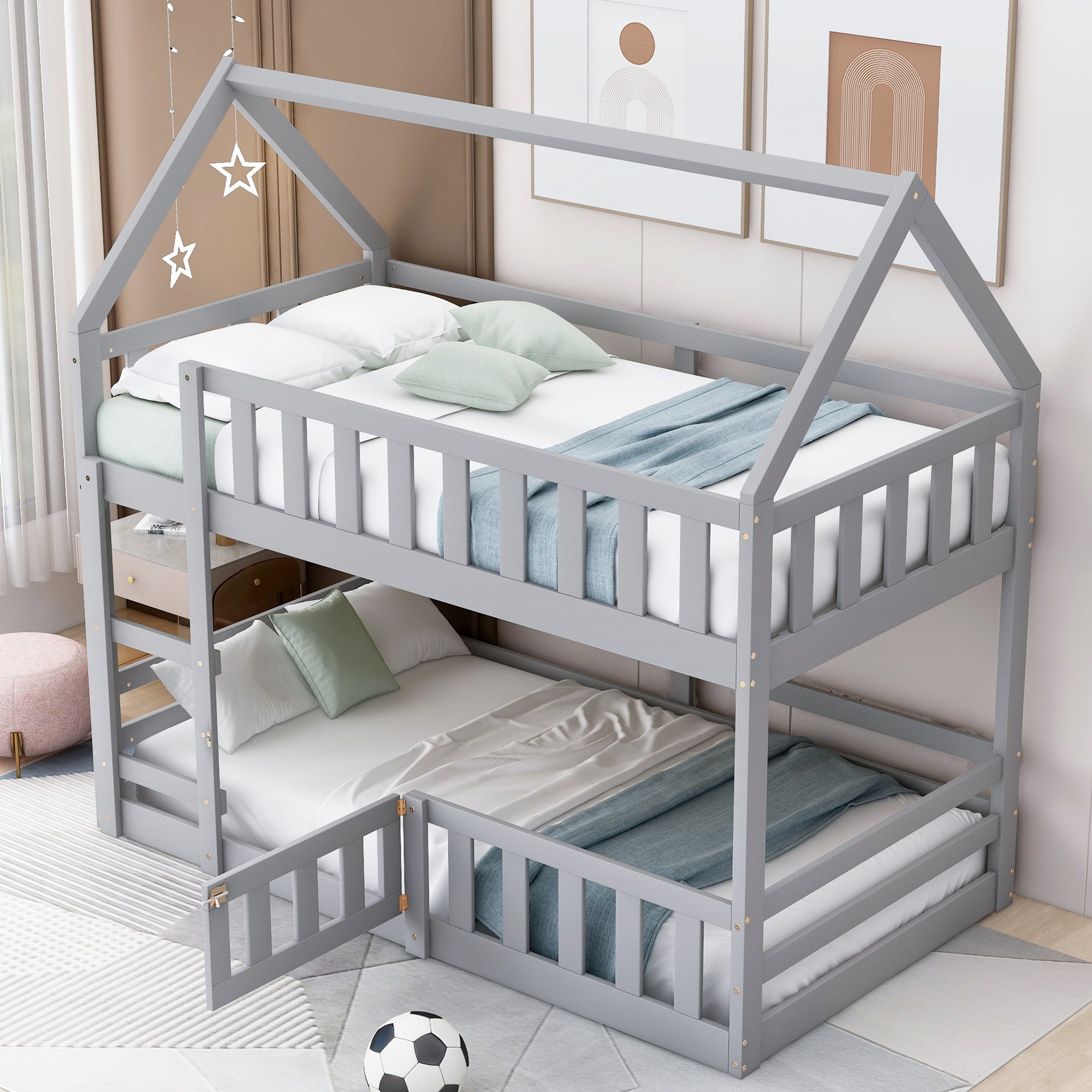 Gray house-frame bunk bed with door panel angled view