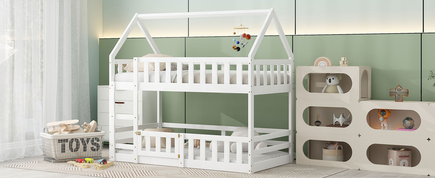 White twin over twin house bunk bed, view of upper berth and ladder