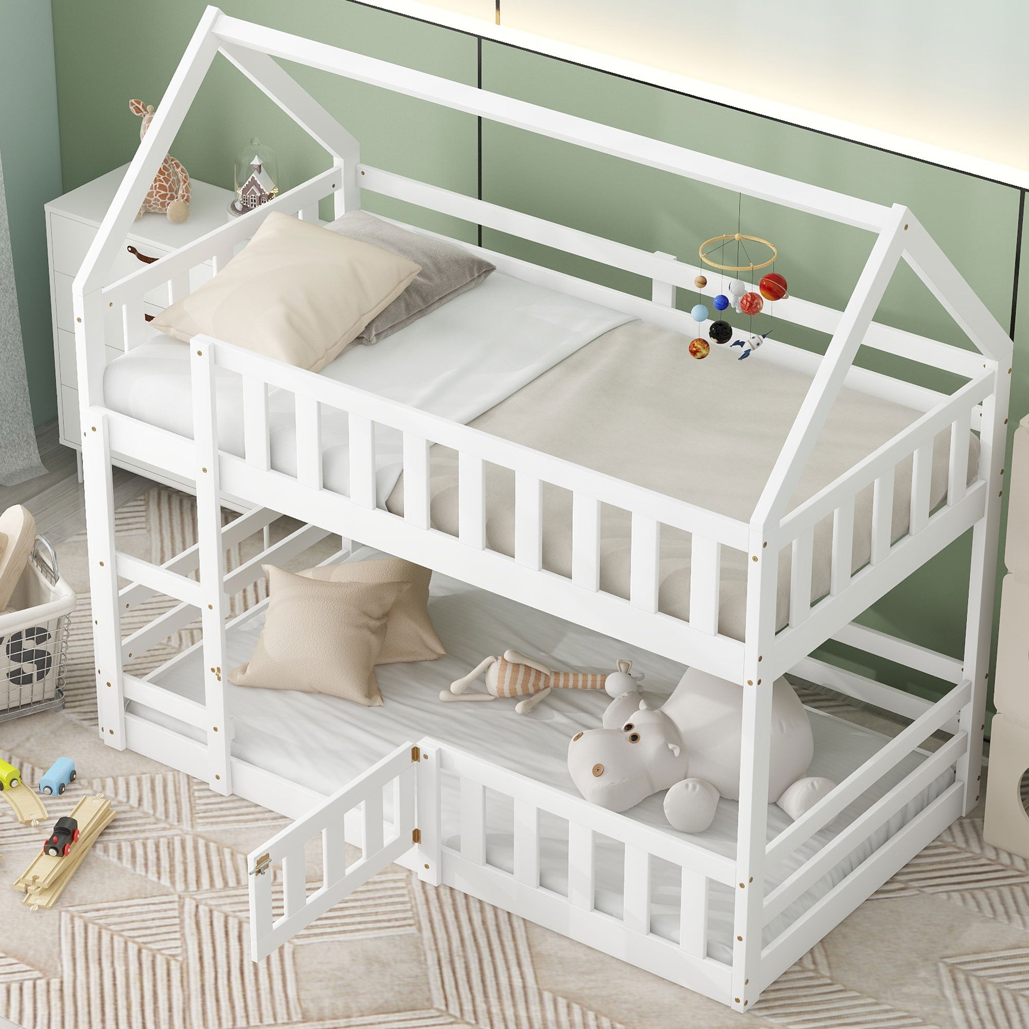 White twin over twin house-frame bunk bed, angled view showing peaked roofline