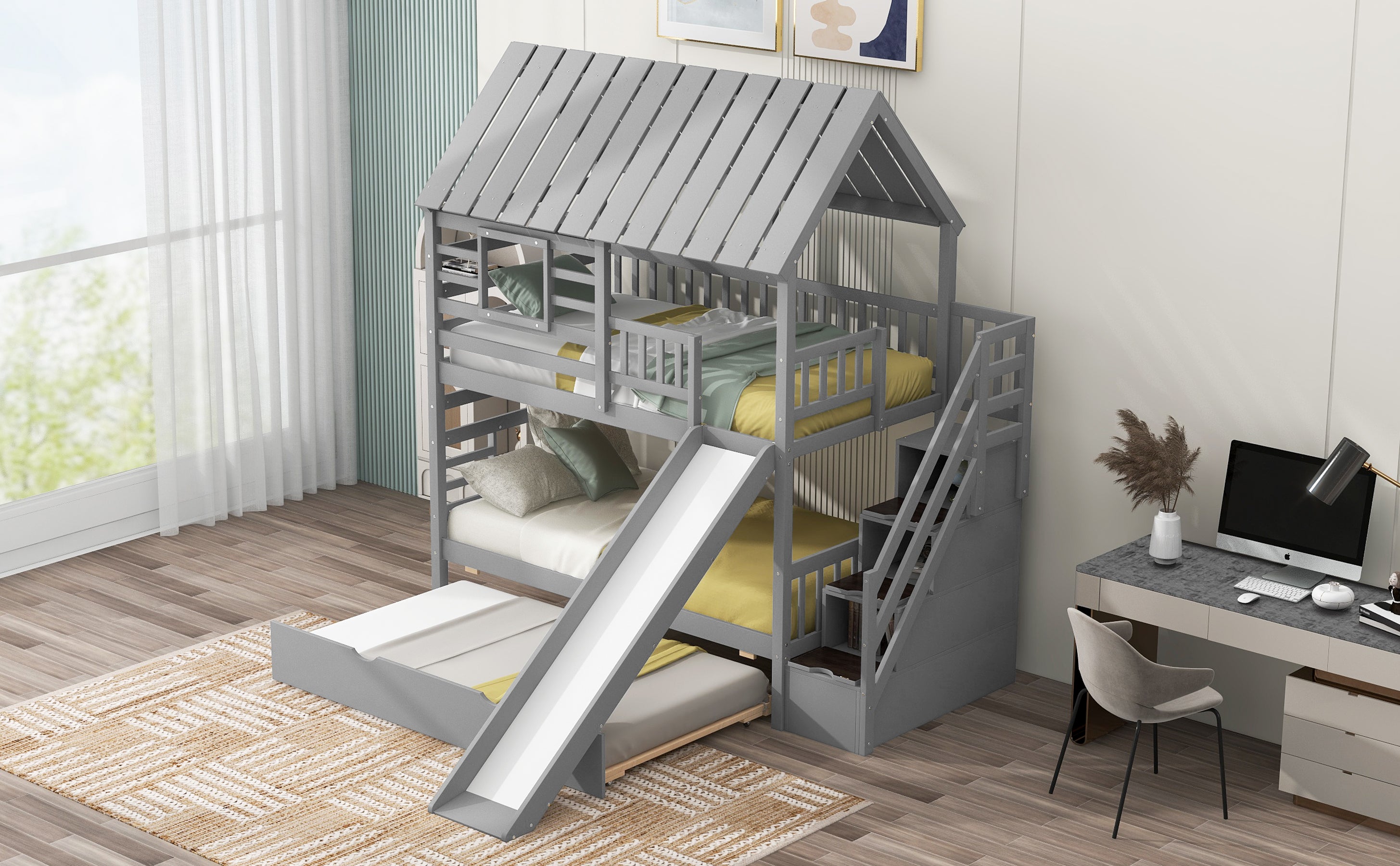 Pitched roof and window design on twin bunk bed