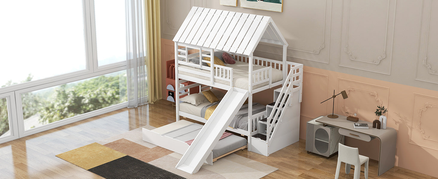 White house-frame twin bunk bed with roof, full room view