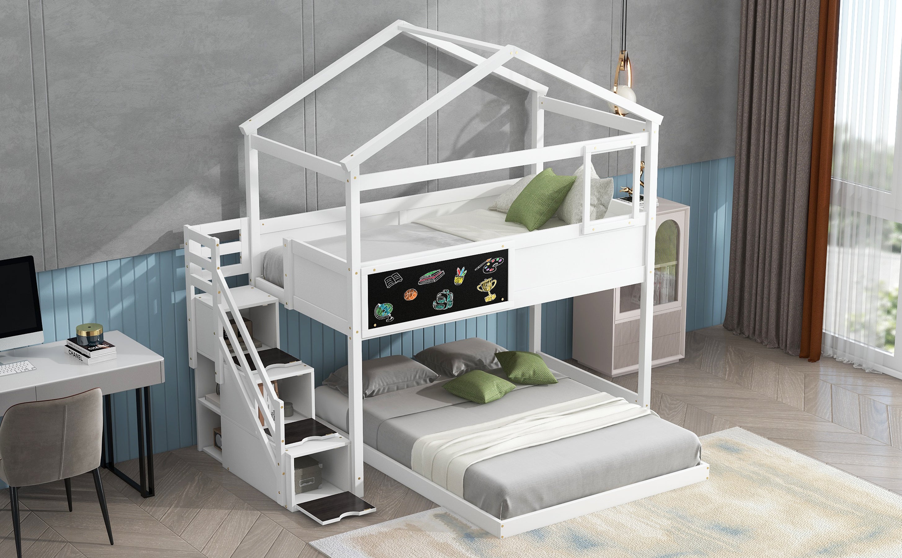 White twin over full house bunk bed upper bunk side view