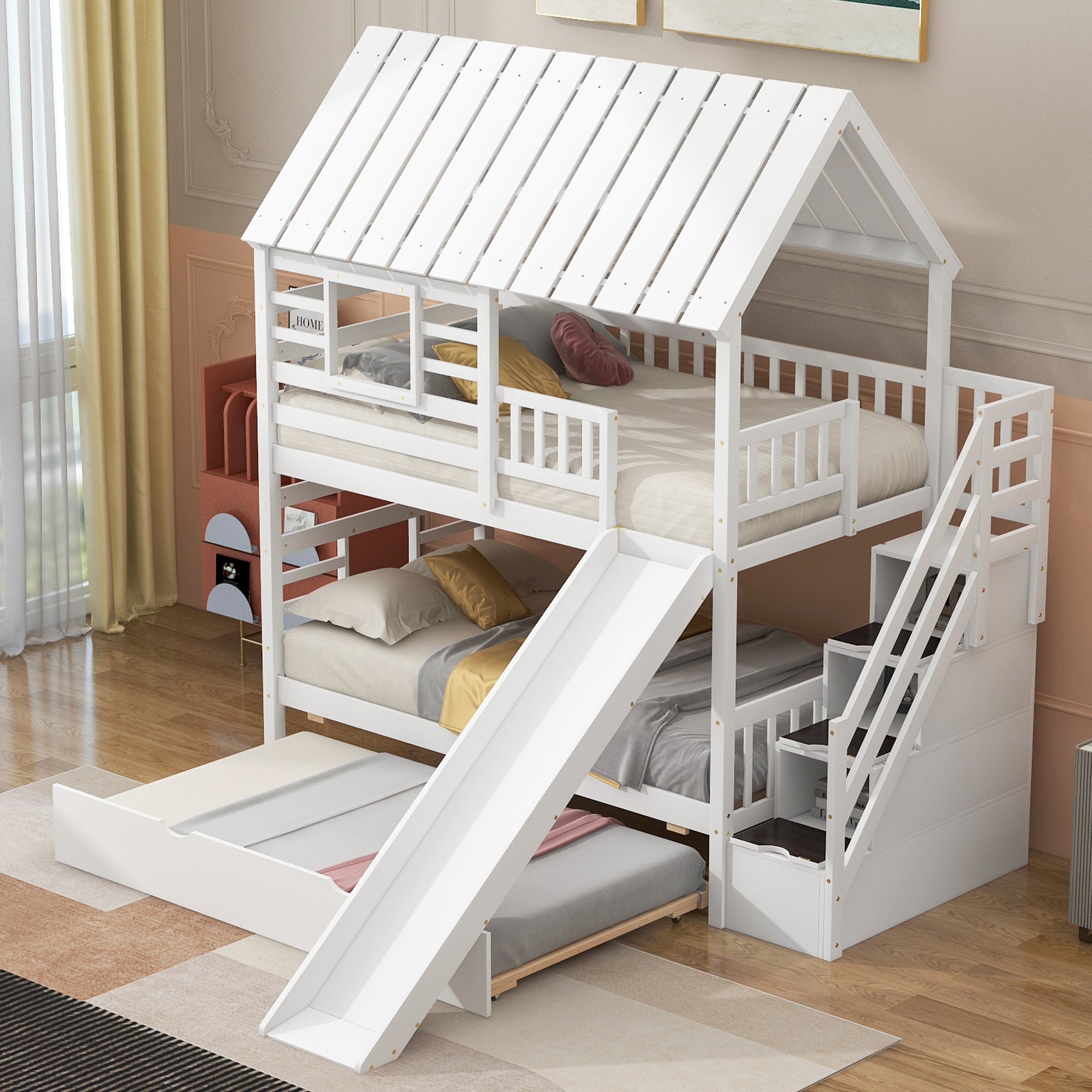 White house bunk bed with roof and window design, angled view