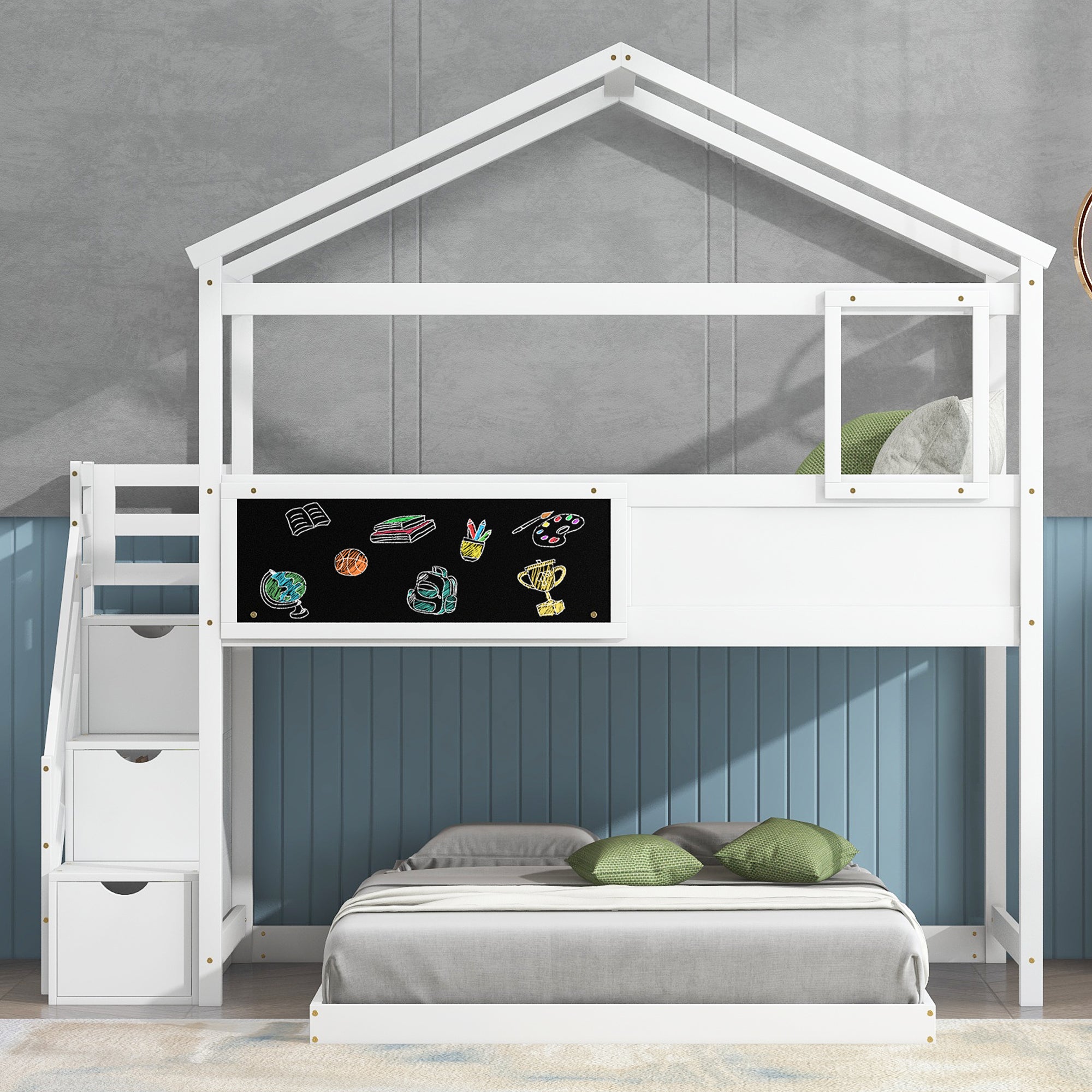 White twin over full bunk bed storage staircase detail view